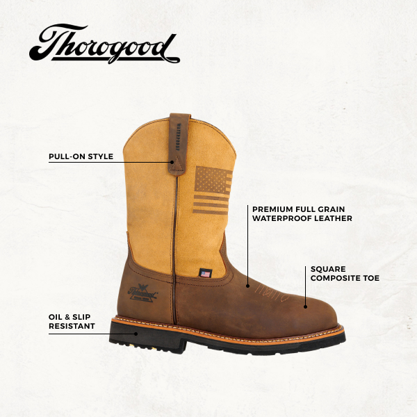 Thorogood Men's Brown and Tan with USA Flag Wide Square Composite Toe Work Boots - Image 1