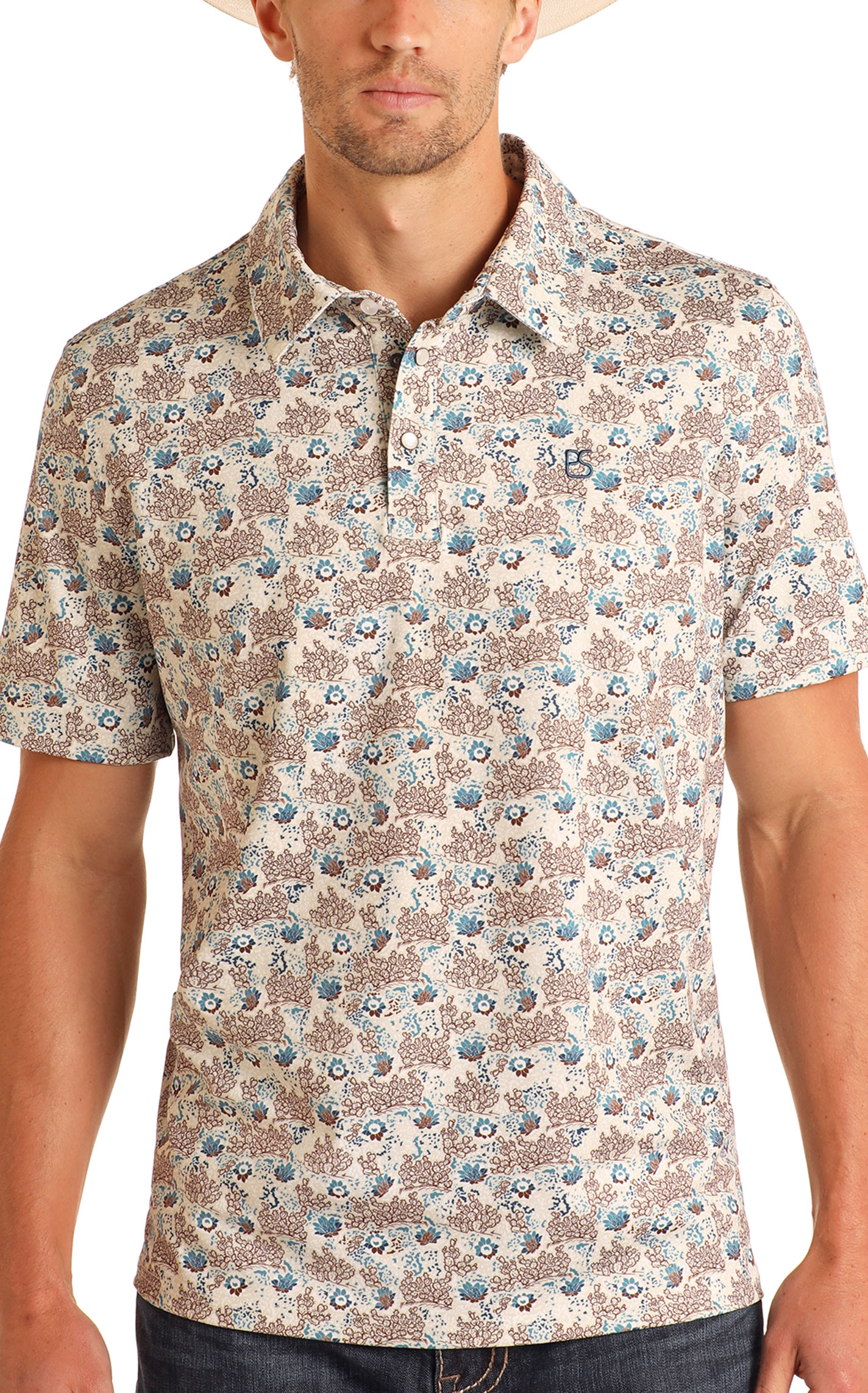 Panhandle Men's Coffee & Steel Cactus Print Polo Shirt - Image 1