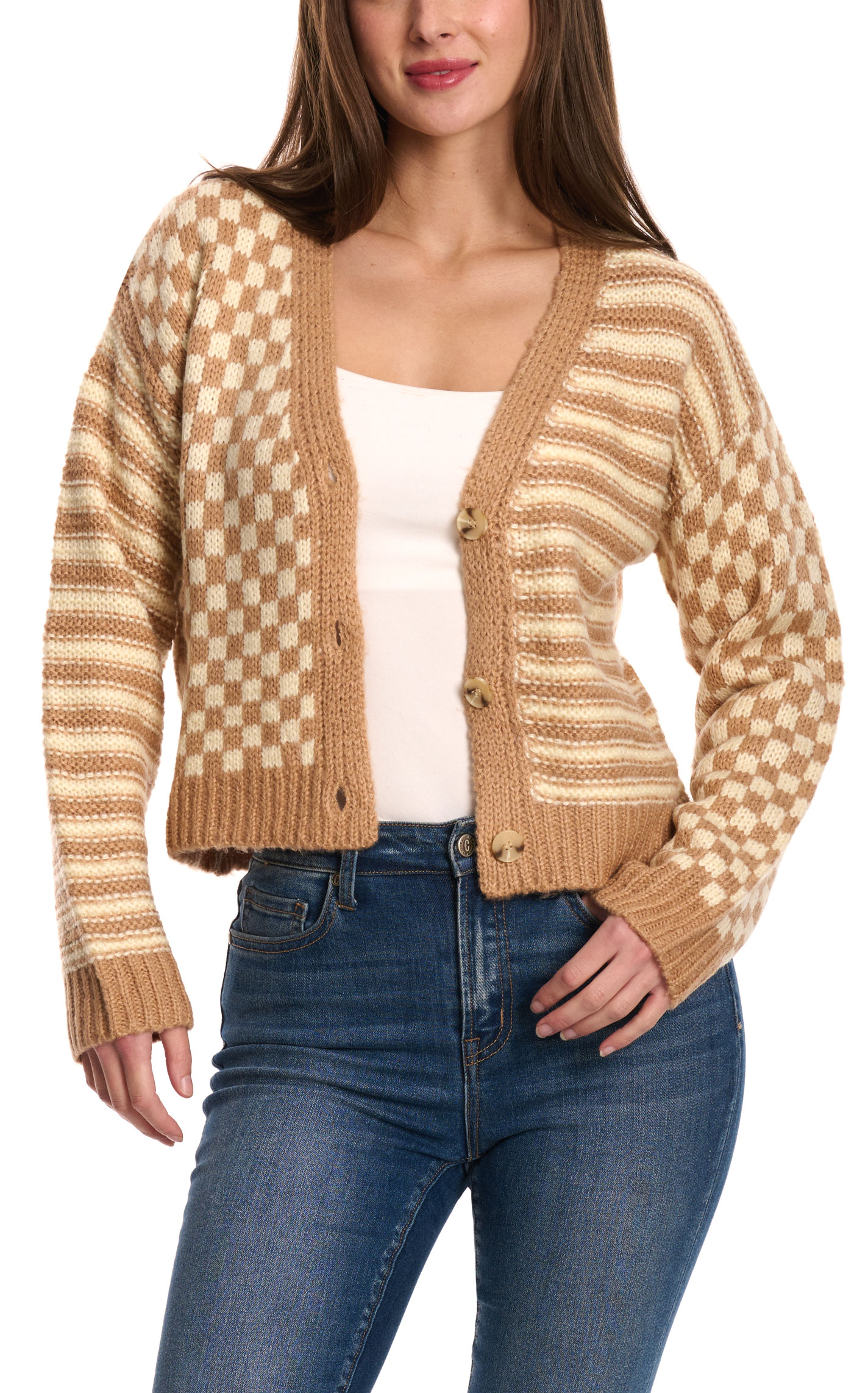 Double Zero Women's Checks & Stripes Sweater Cardigan - Image 1