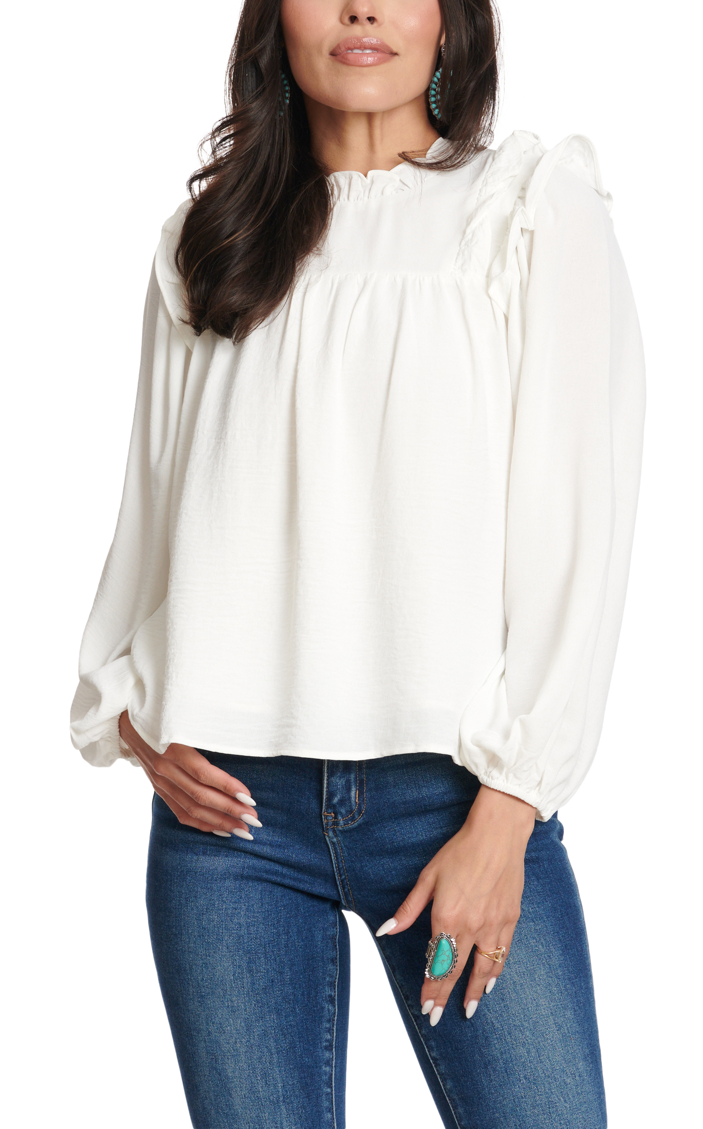 TCEC Women's Cream Ruffle Accent Long Puff Sleeve Draping Top - Image 1