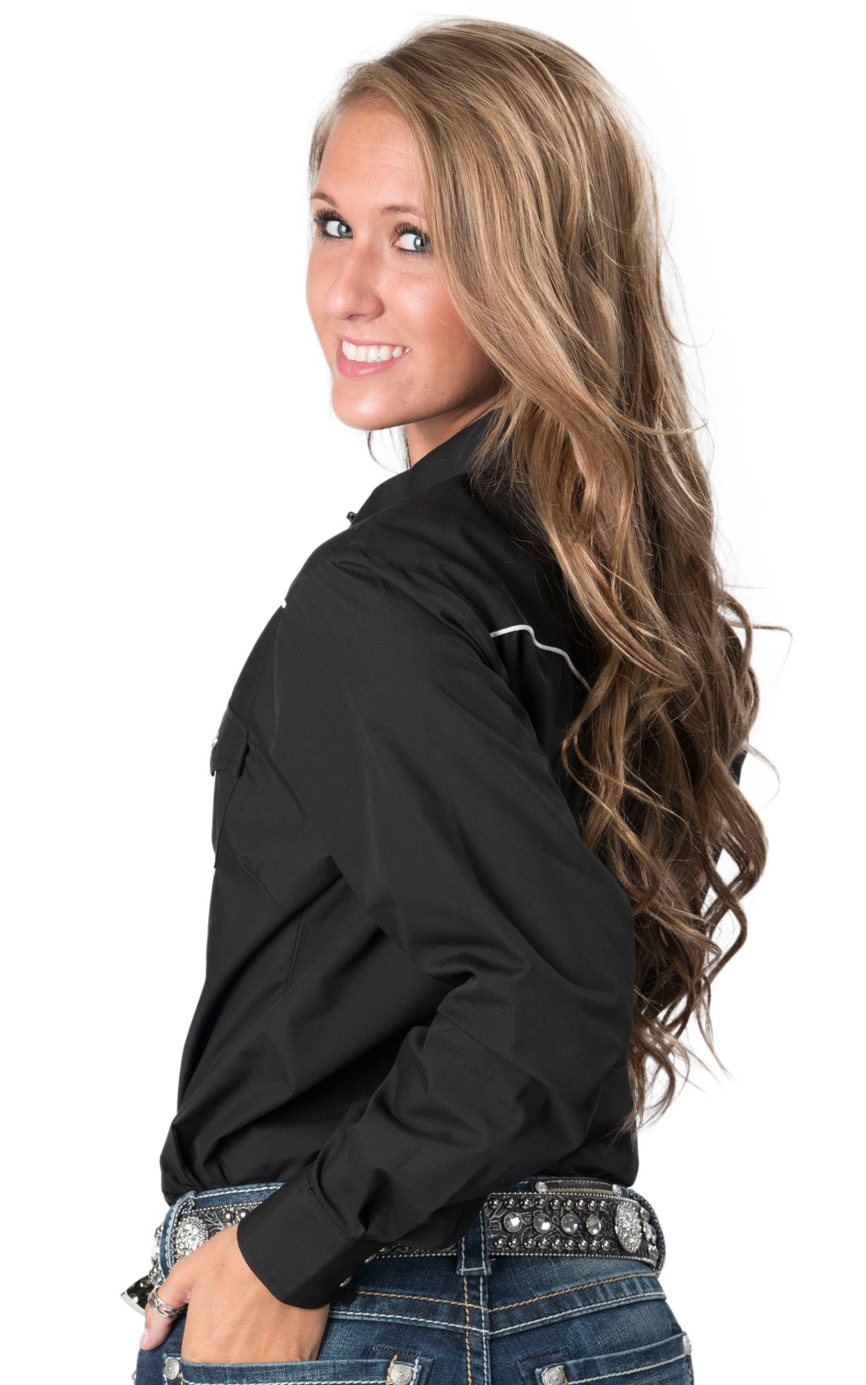 Cumberland Outfitters Women's Black with White Piping Long Sleeve Western Retro Shirt - Image 1