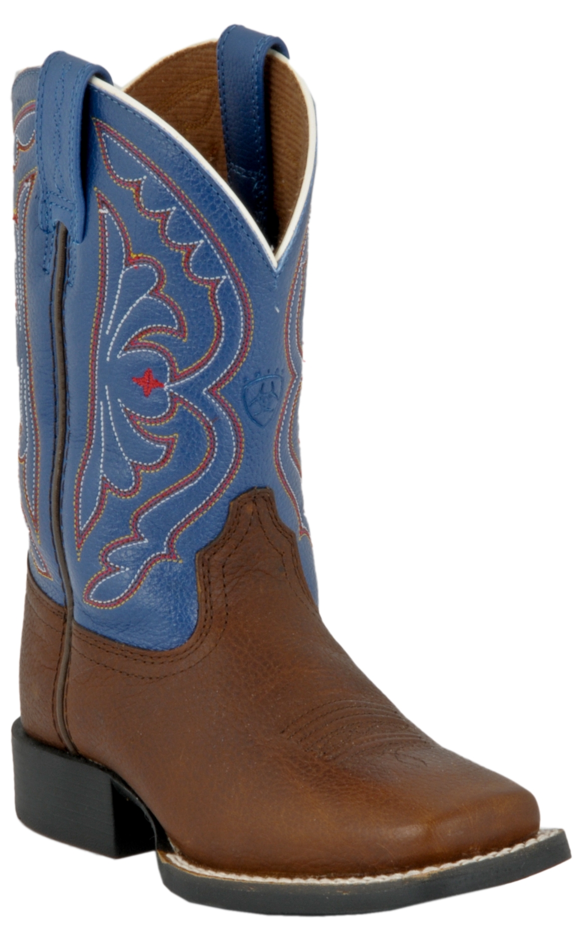 Ariat Kids Quickdraw Brown Oiled Rowdy and Royal Blue Wide Square Toe Cowboy Boot - Image 1