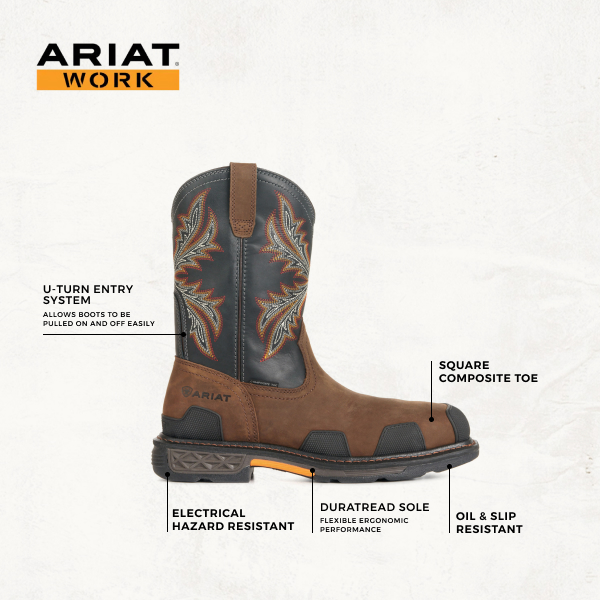 Ariat Men's OverDrive Dark Brown and Black Wide Square Composite Toe Work Boots - Image 1
