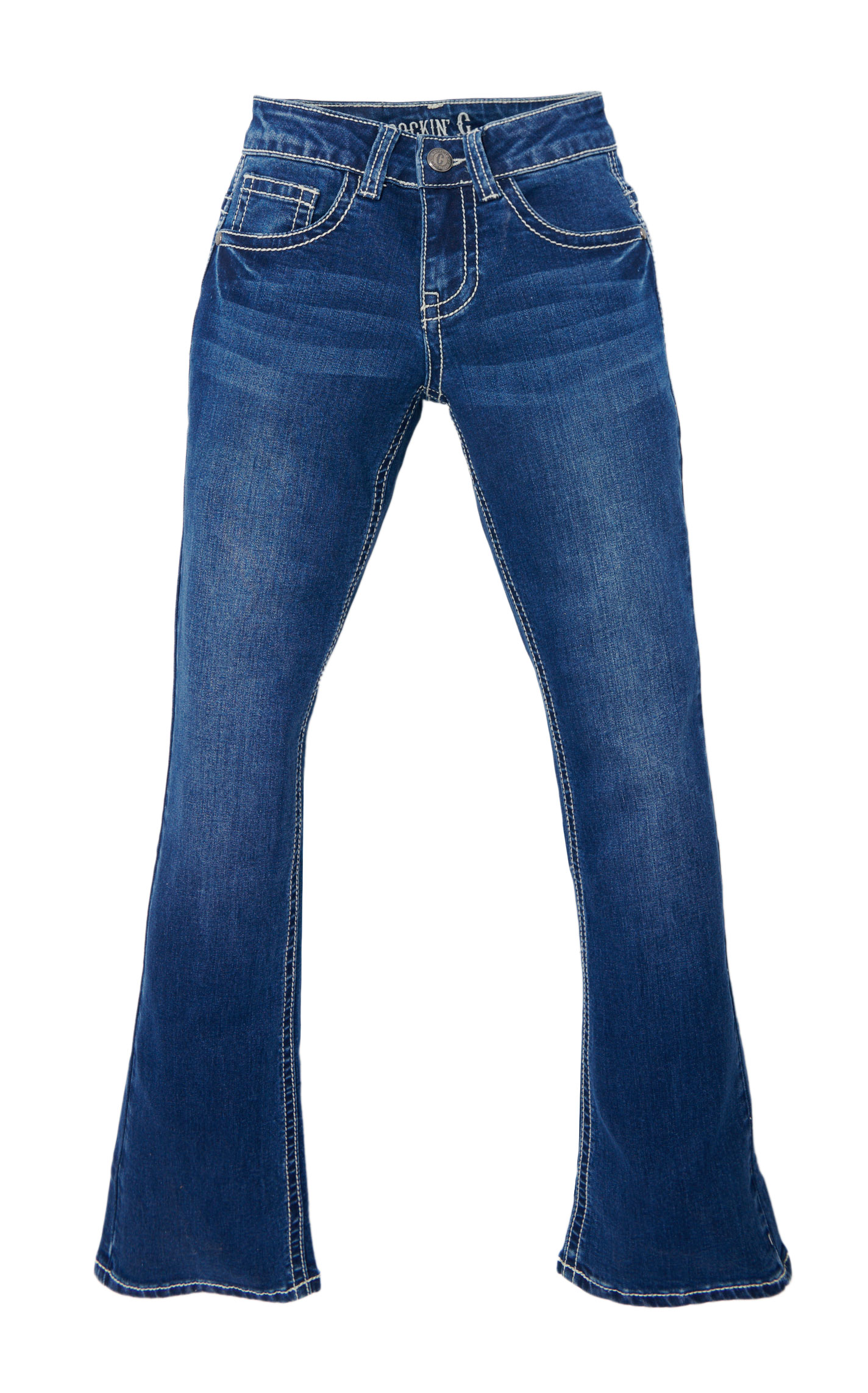 Rockin' C Girls' Dark Wash Floral Embellished Pocket Bootcut Jeans - Image 1