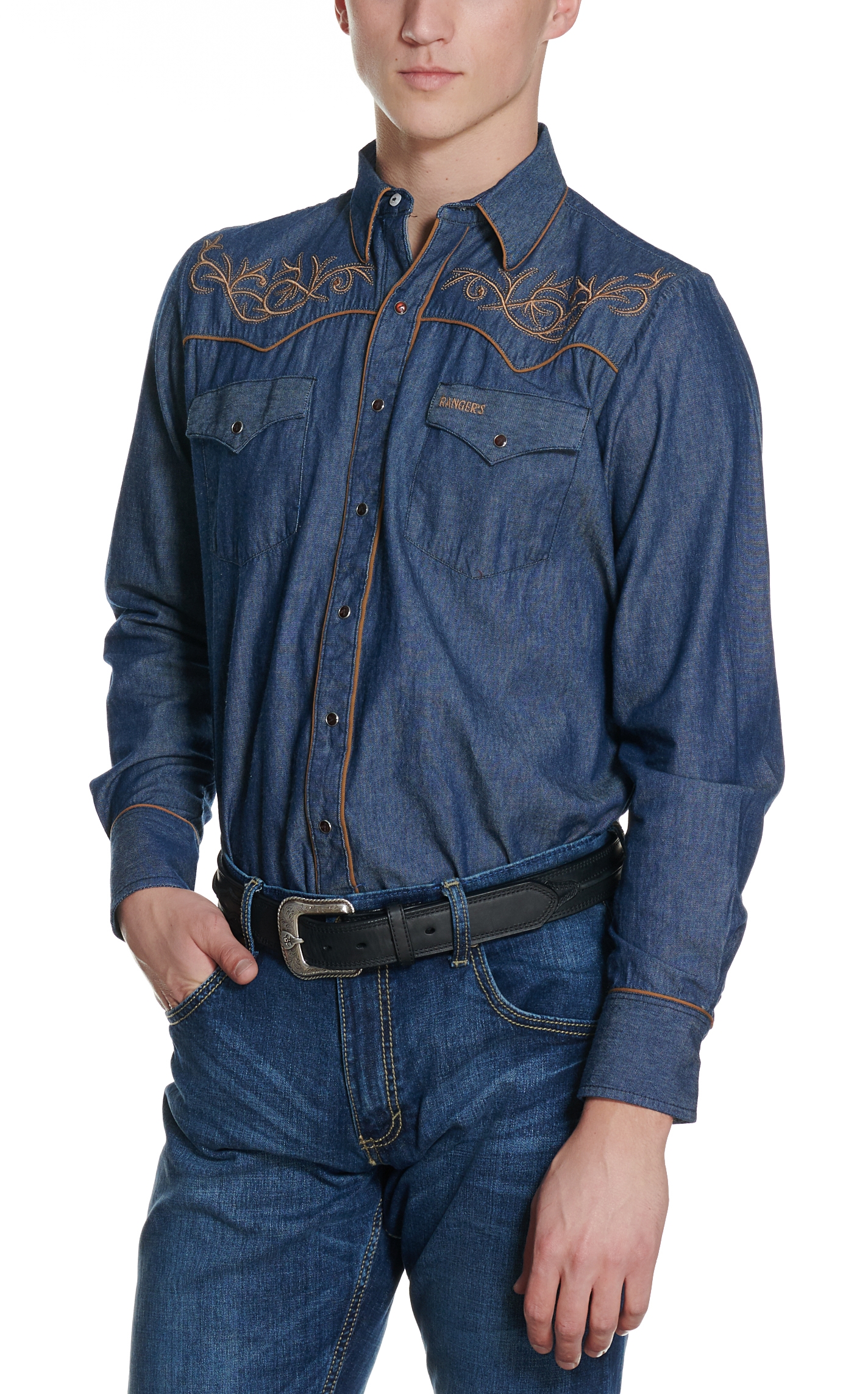 Ranger's Legend Men's Denim & Copper Embroidered Western Shirt - Image 1