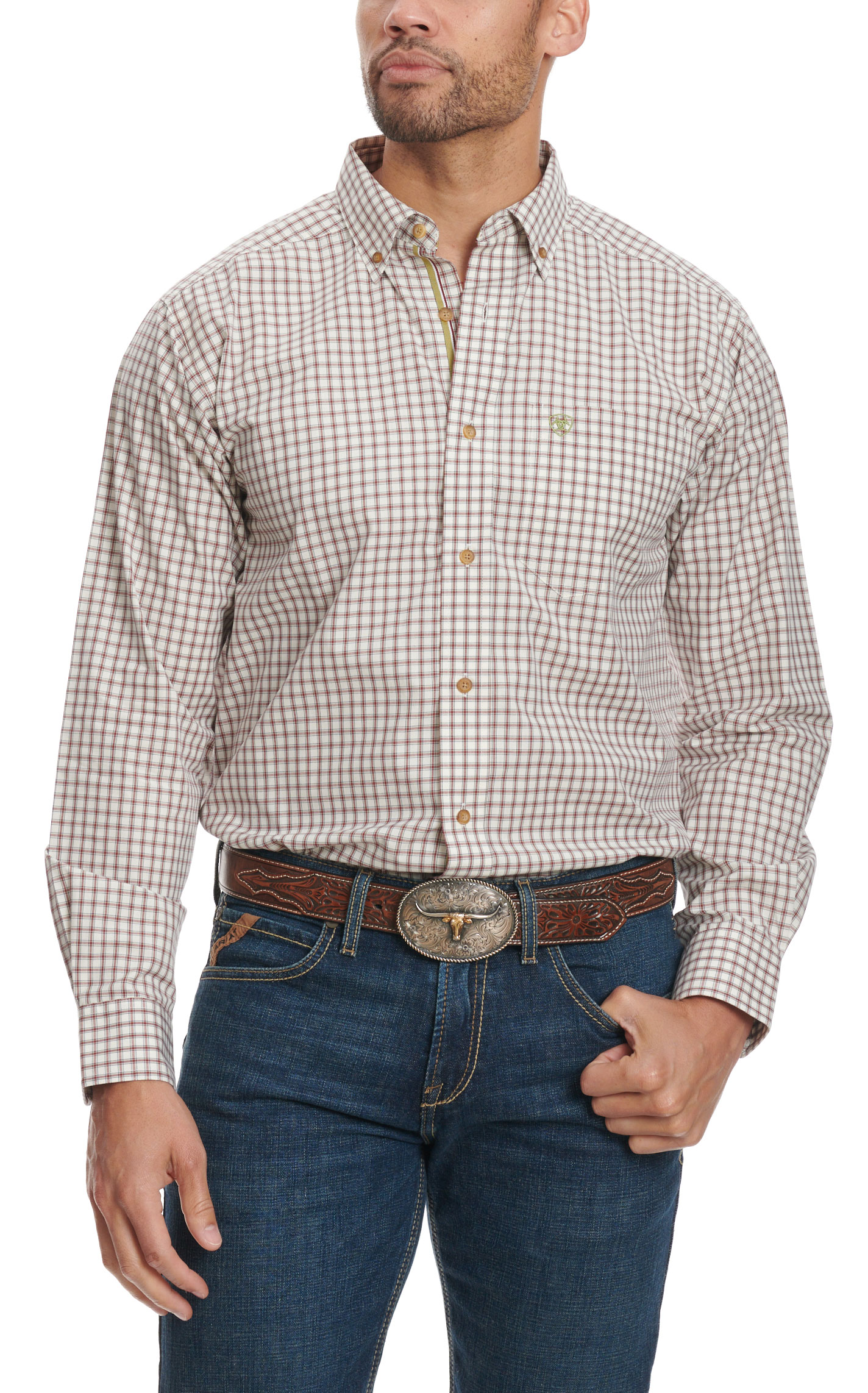 Ariat Pro Series Men's Sultan Cream & Chocolate Mini Plaid Western Shirt - Image 1