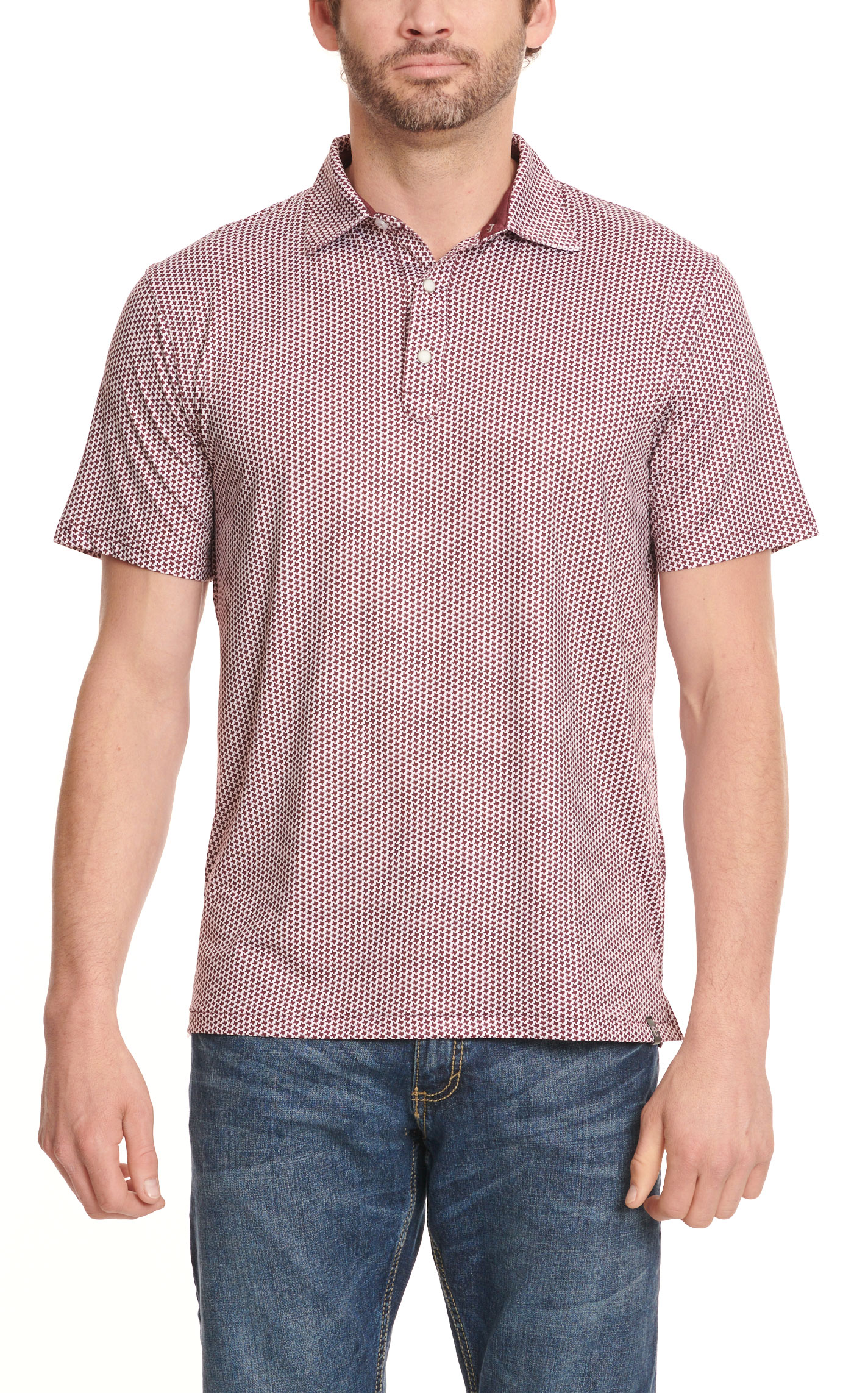 Rafter C Men's ProFlex45 Burgundy Texas Geo Print Short Sleeve Snap Polo Shirt - Image 1