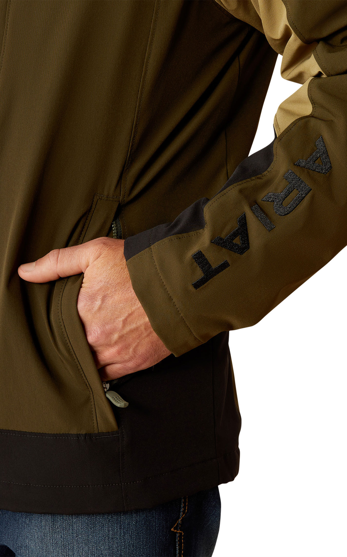 Ariat Men's Pioneer Black & Army Green Stretch Softshell Jacket - Image 1