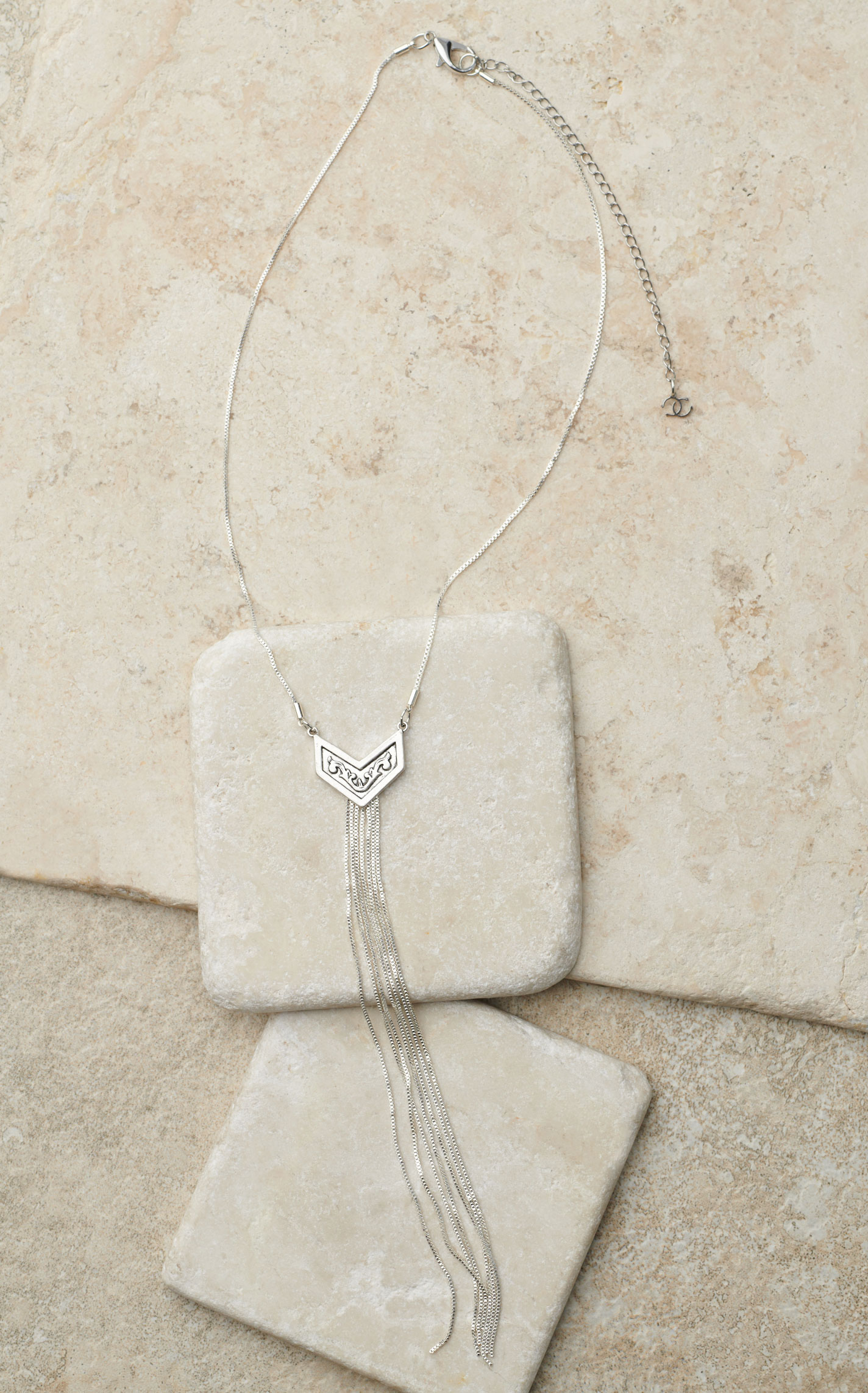 Cowgirl Confetti Silver Etched V Pendant & Long Tassel Necklace - Image 1