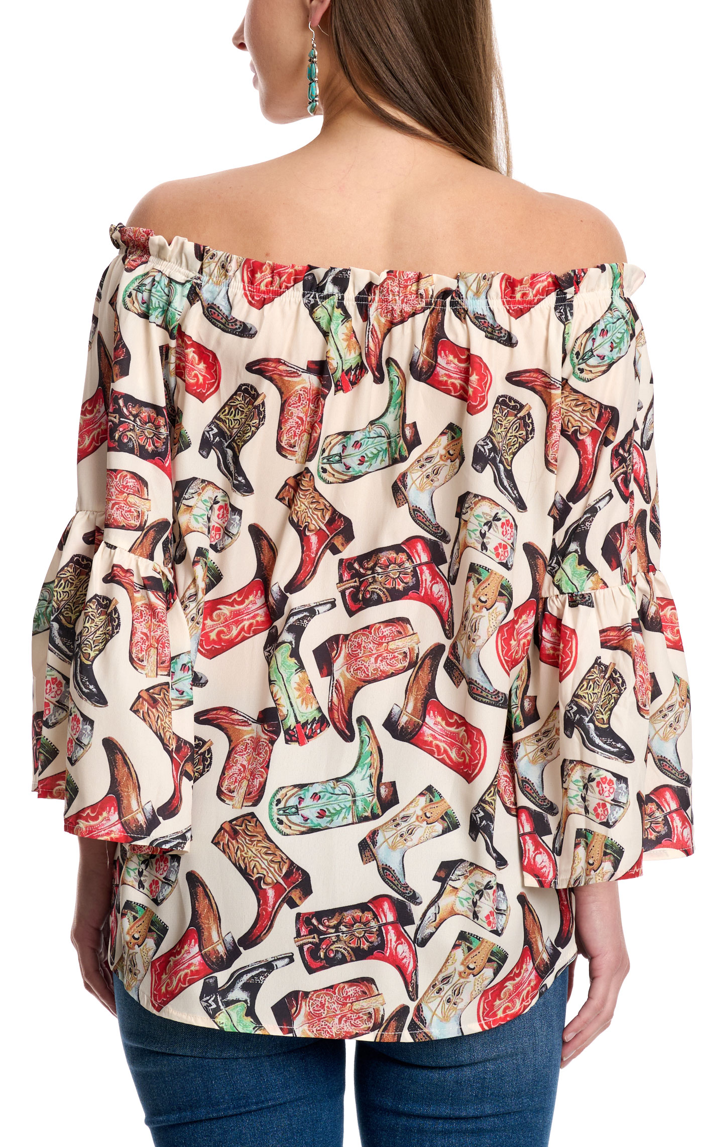 Fashion Express Women's Colorful Boot Print Off Shoulder Top - Image 1