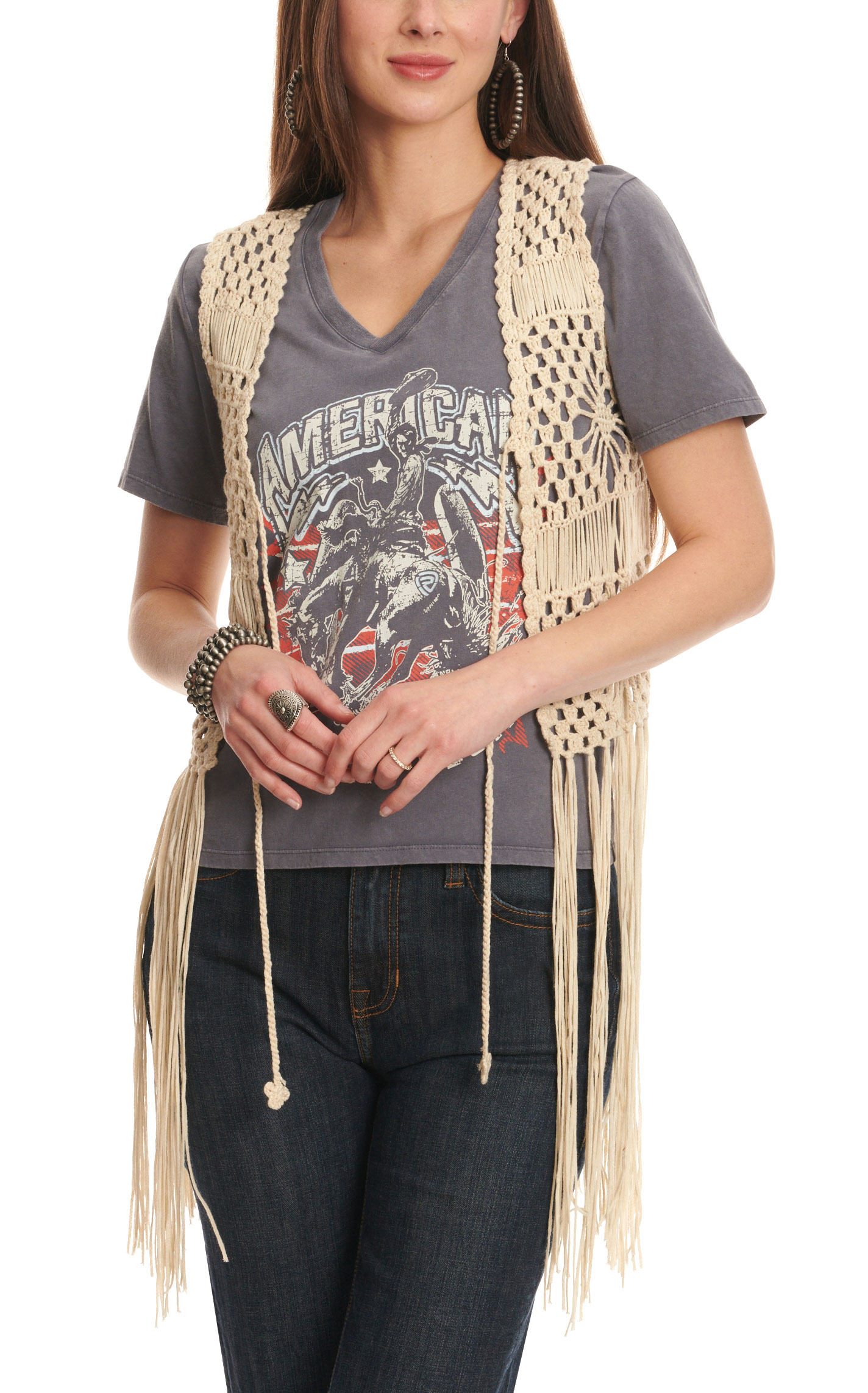 Rock & Roll Denim Women's Natural Bone Crochet Fringed Vest - Image 1