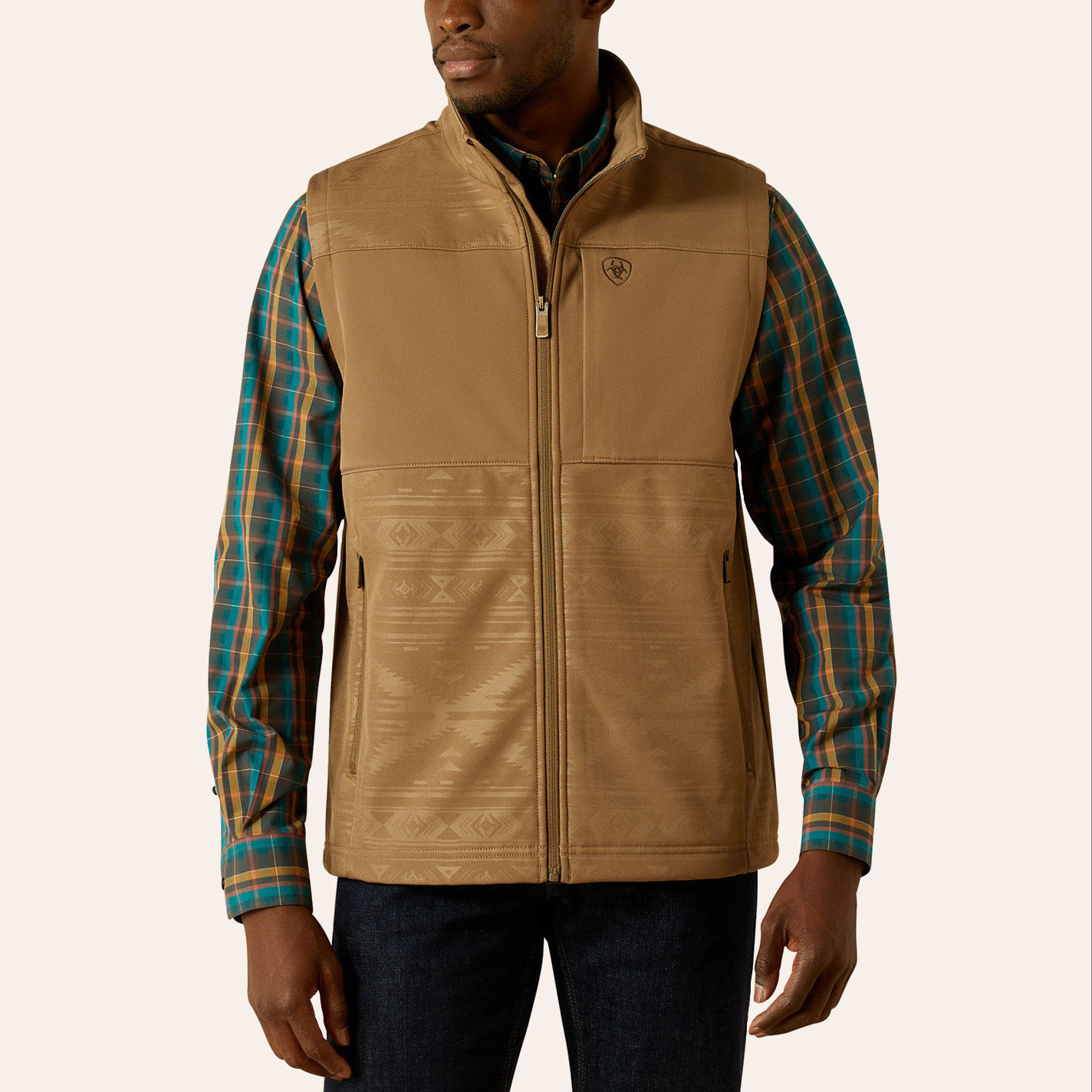 Ariat Men's Vernon Khaki Aztec Print Softshell Vest - Image 1