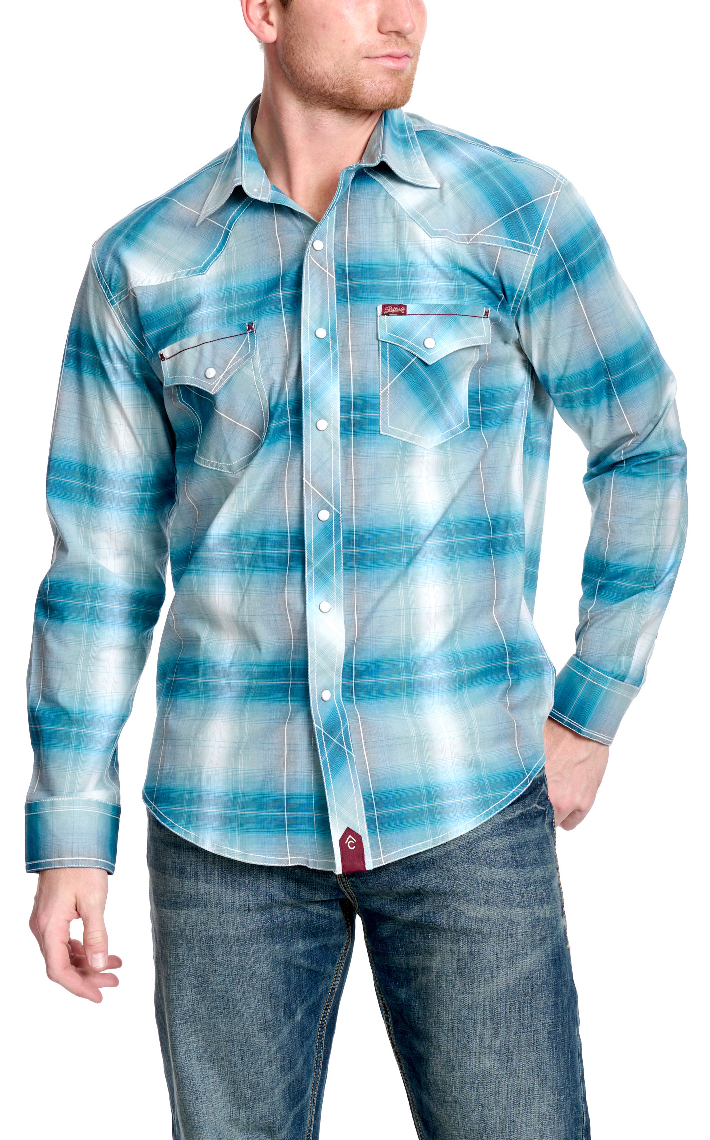 Rafter C Men's Red Dirt Collection Teal Plaid Western Shirt - Image 1