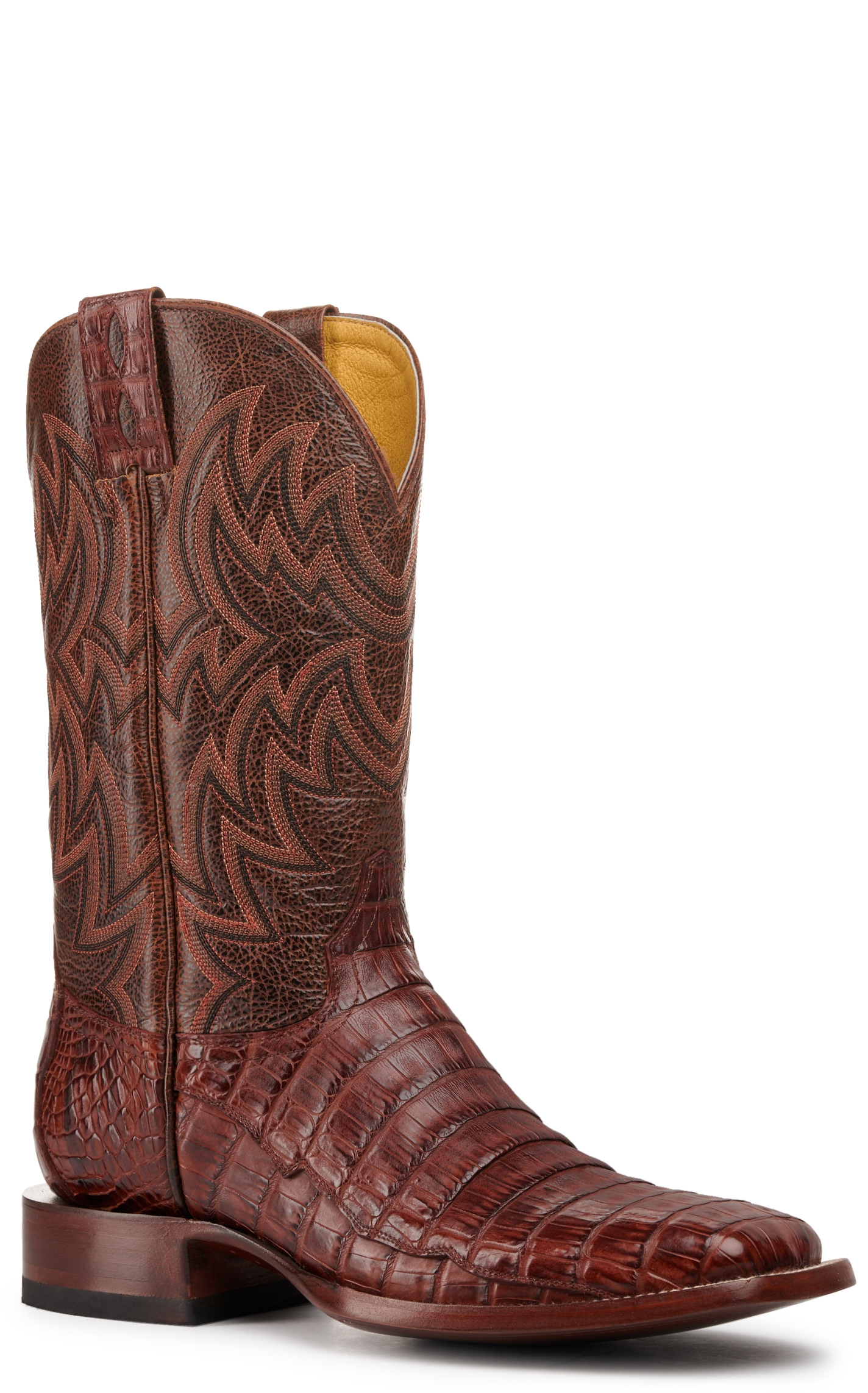 Cavender's Men's Cognac and Brandy Caiman Tail Wide Square Toe Exotic Cowboy Boot - Image 1