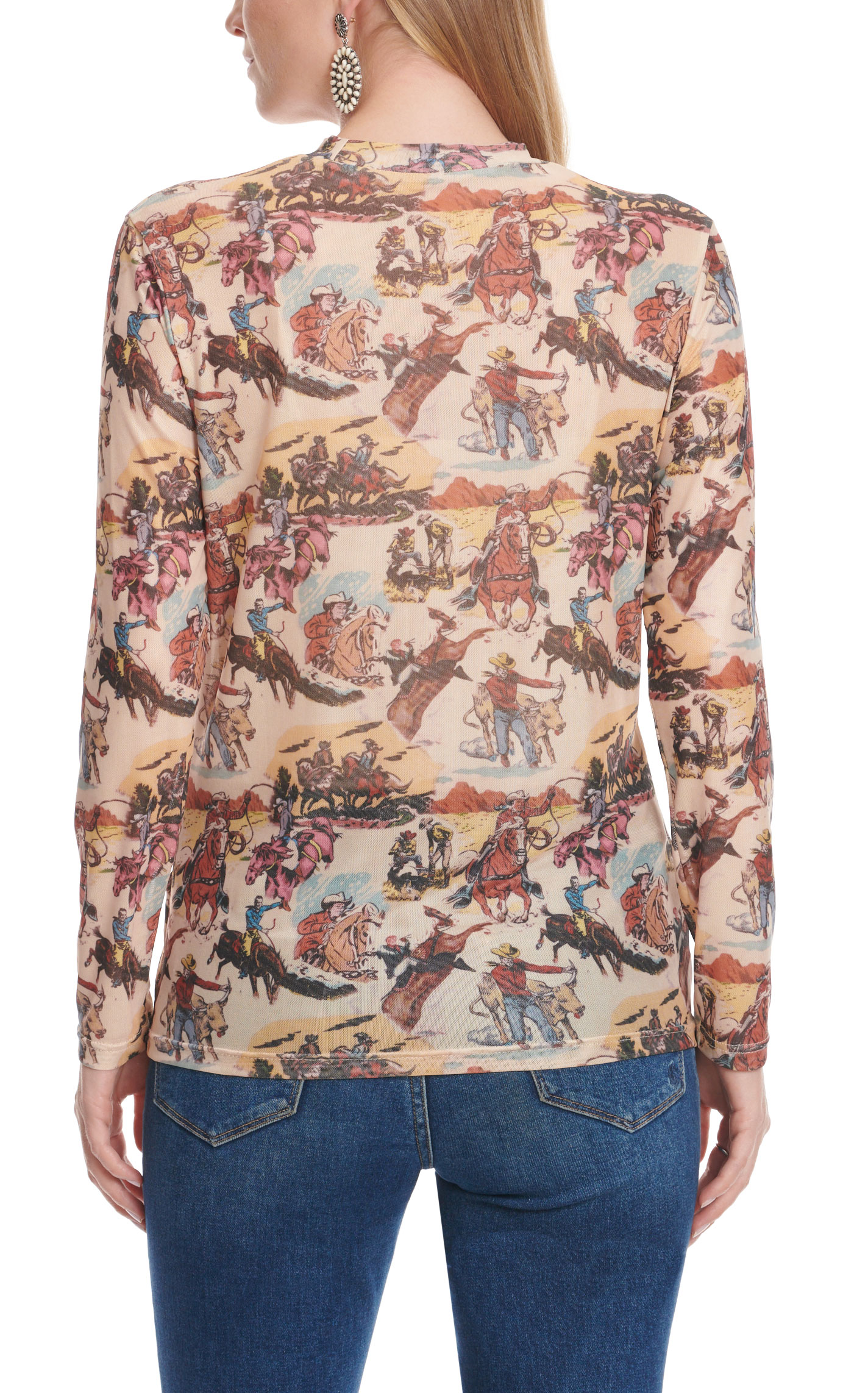 Turquoise Haven Women's Sand Western Print Fine Mesh Top - Image 1