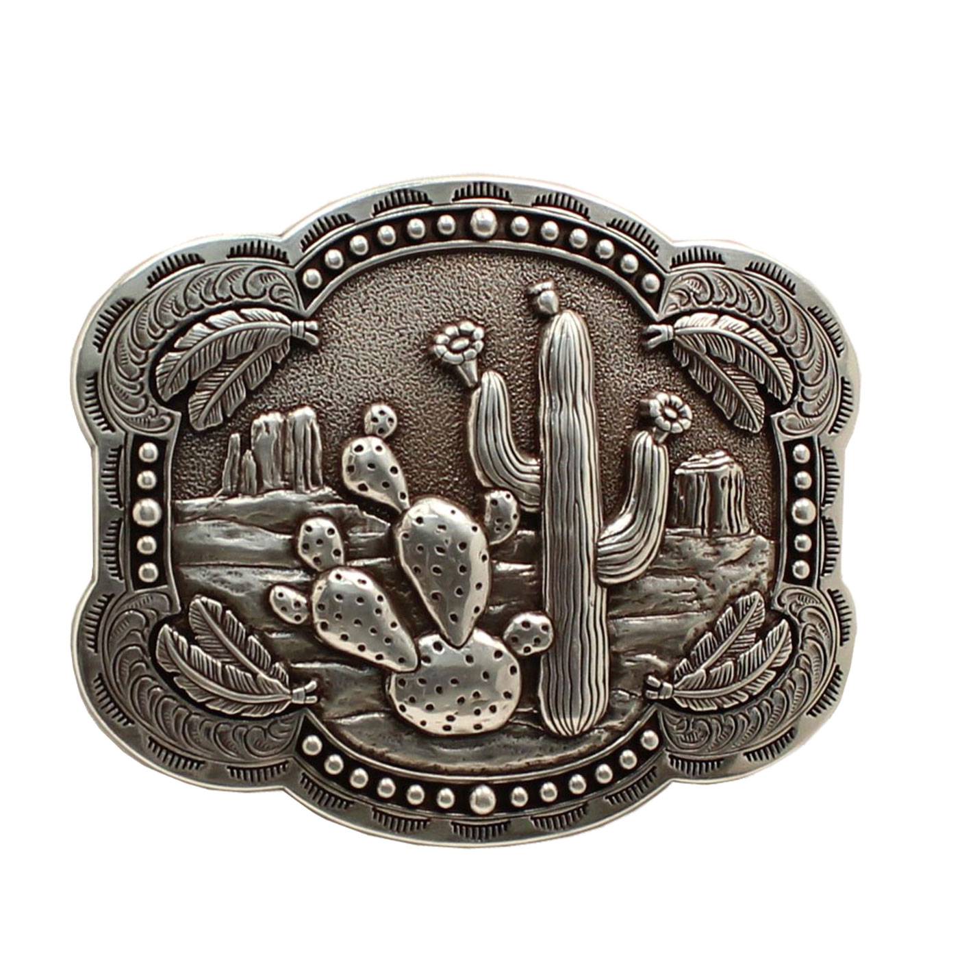 Blazin Roxx Silver Cactus Feathers Scalloped Belt Buckle - Image 1
