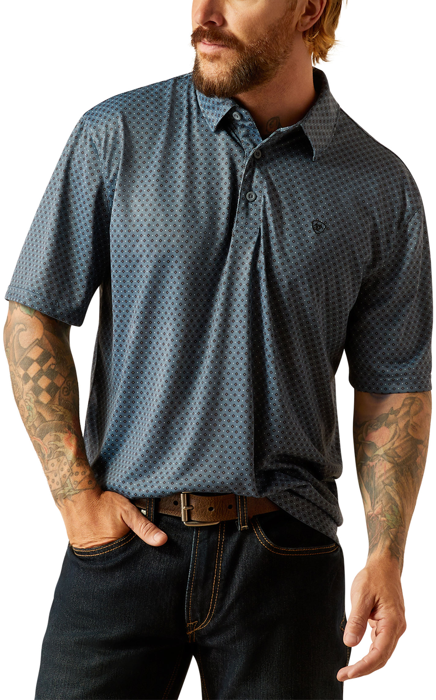 Ariat Men's AriatTEK Charger Newsboy Blue-Gray Geo Polo Shirt - Image 1
