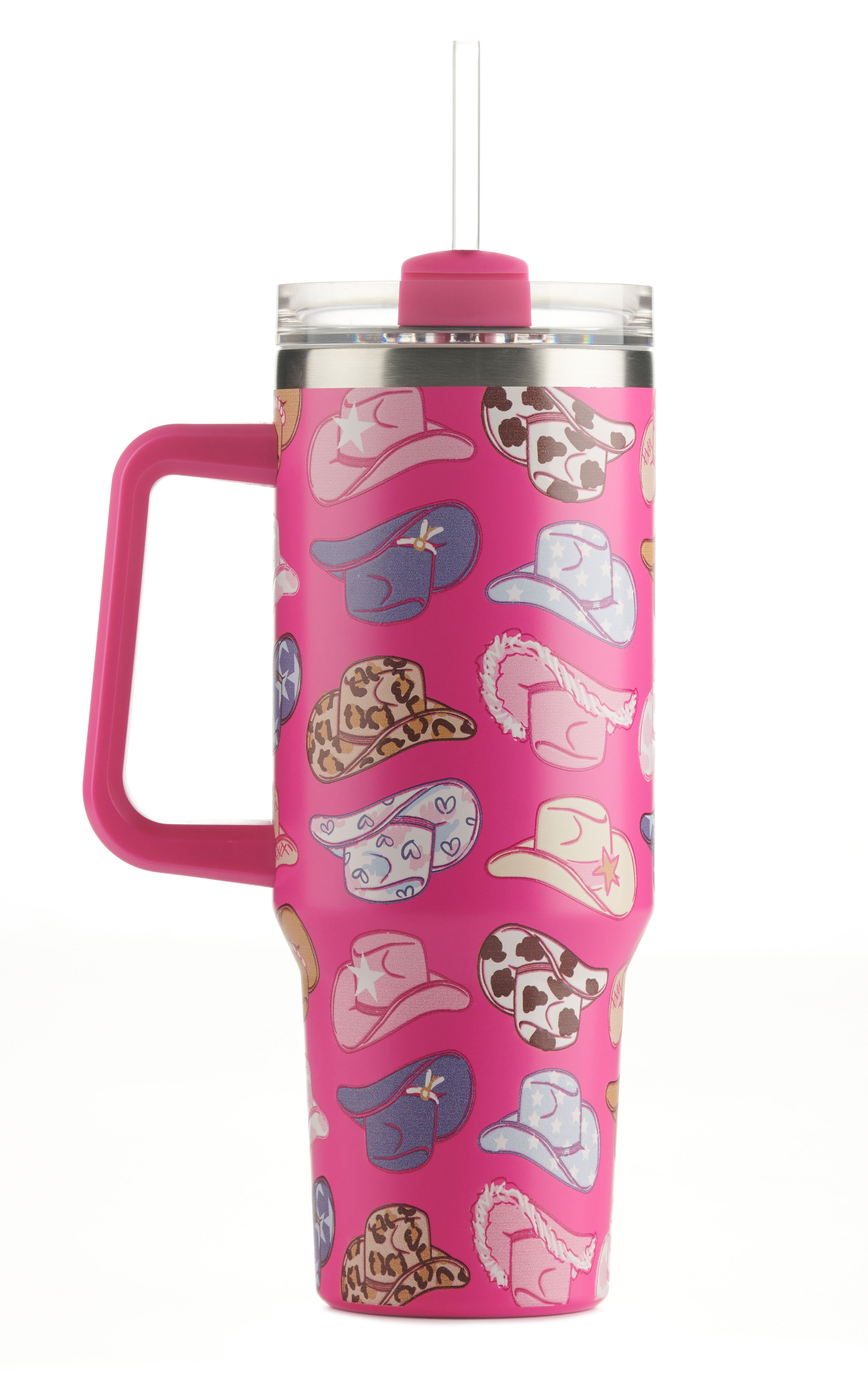 Girlie Girl Originals Pink Hat Print 40 oz. Handled Morgan Tumbler - Image 1