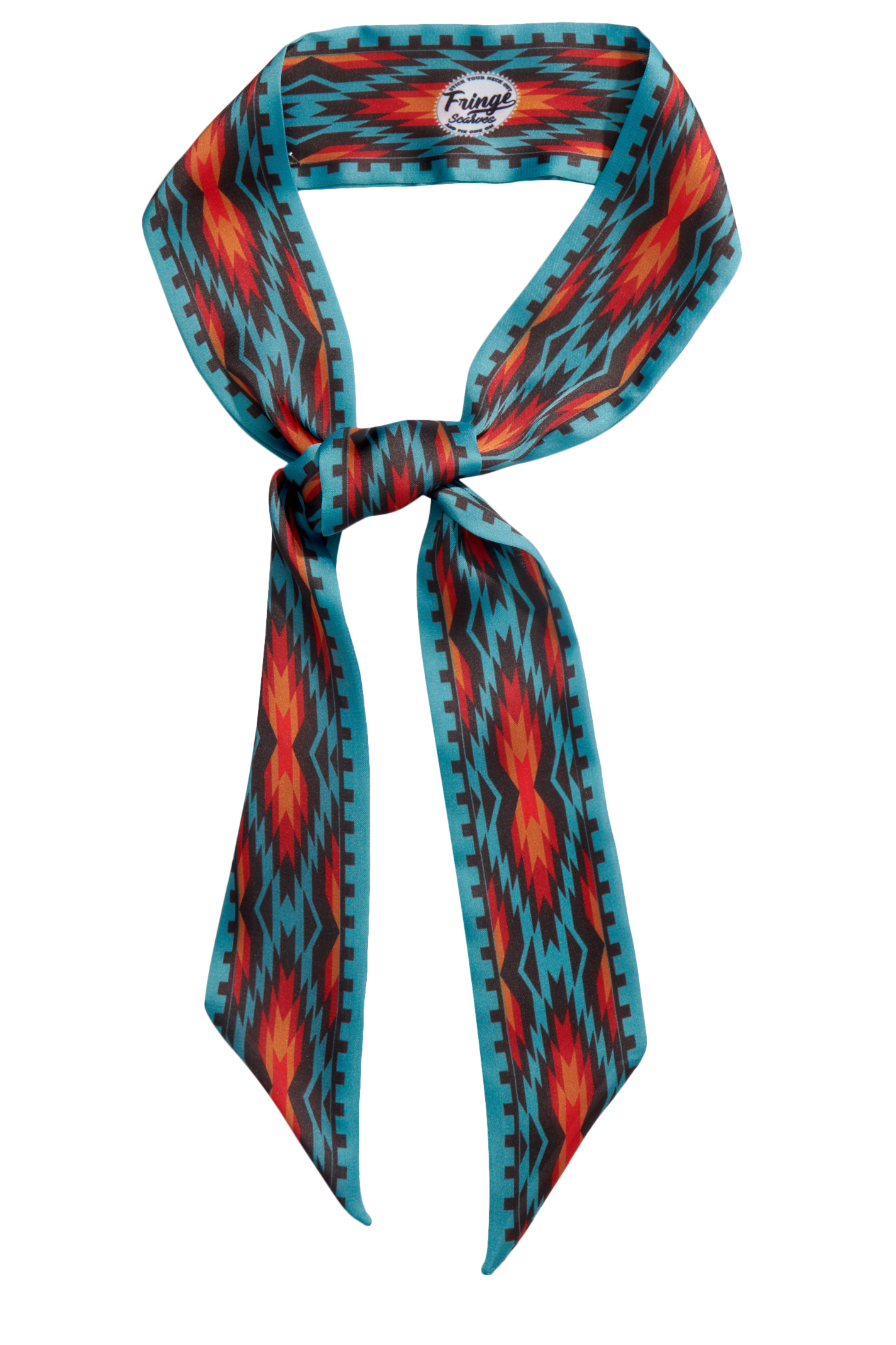 Fringe Scarves Nashville Aztec Turquoise & Sunset Print Twilly - Image 1
