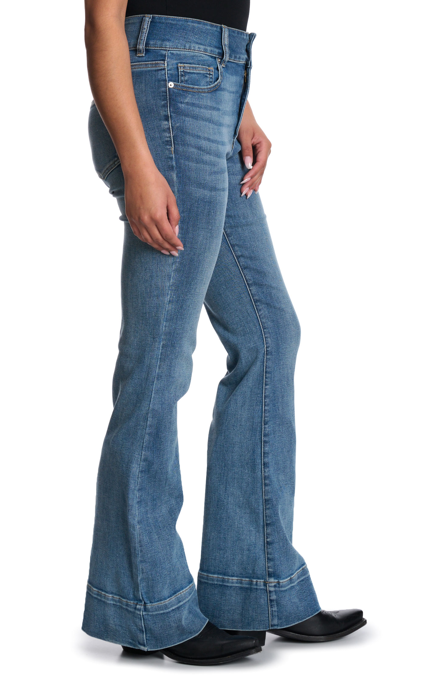 Sneak Peek Women's Medium Wash Distressed Trouser Leg Jeans - Image 1