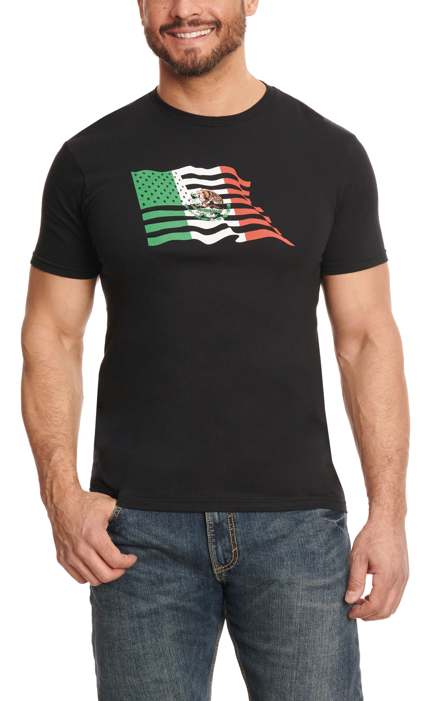 Cowboy Hardware Men's Black with Mexican Flag-American Flag Graphic Short Sleeve T-Shirt - Image 1