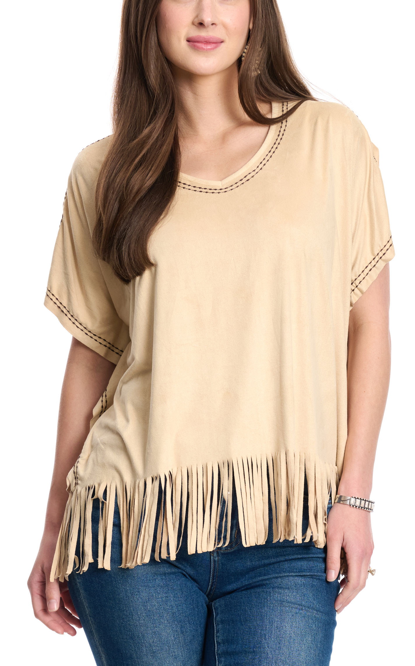 Cowgirl Hardware Women's Latte Faux Suede Fringed Poncho Top - Image 1