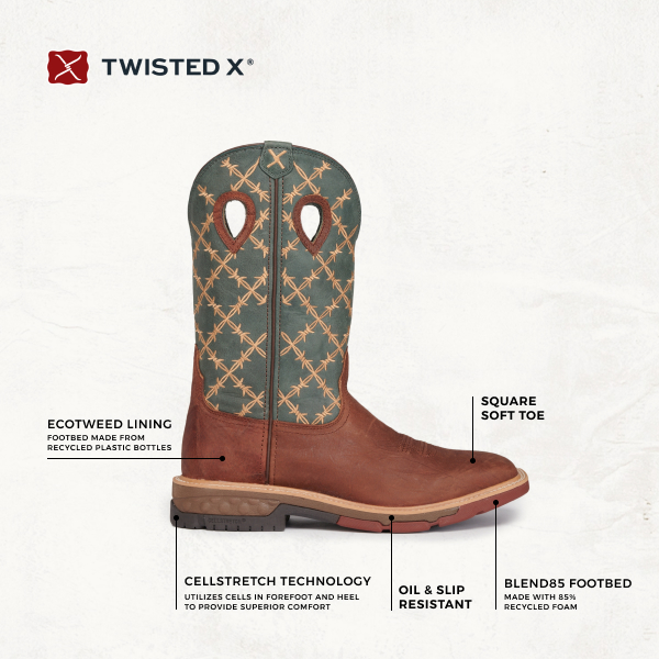 Twisted X Men's Mocha and Slate Green Barbwire Embroidery CellStretch Wide Square Toe Work Boots - Image 1
