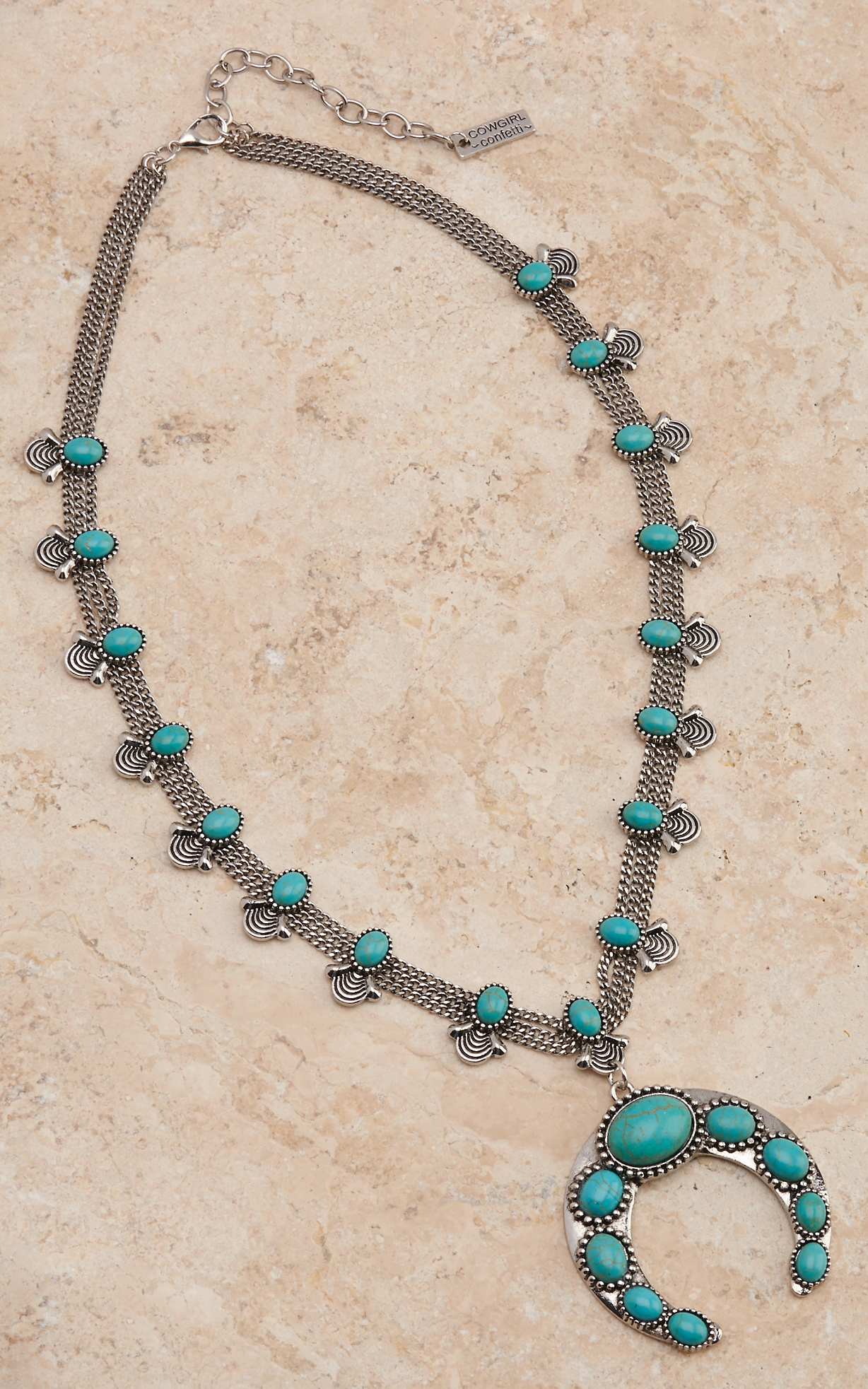 Cowgirl Confetti Cleos Catch Silver Multi Chain with Turquoise Squash Blossoms Necklace - Image 2