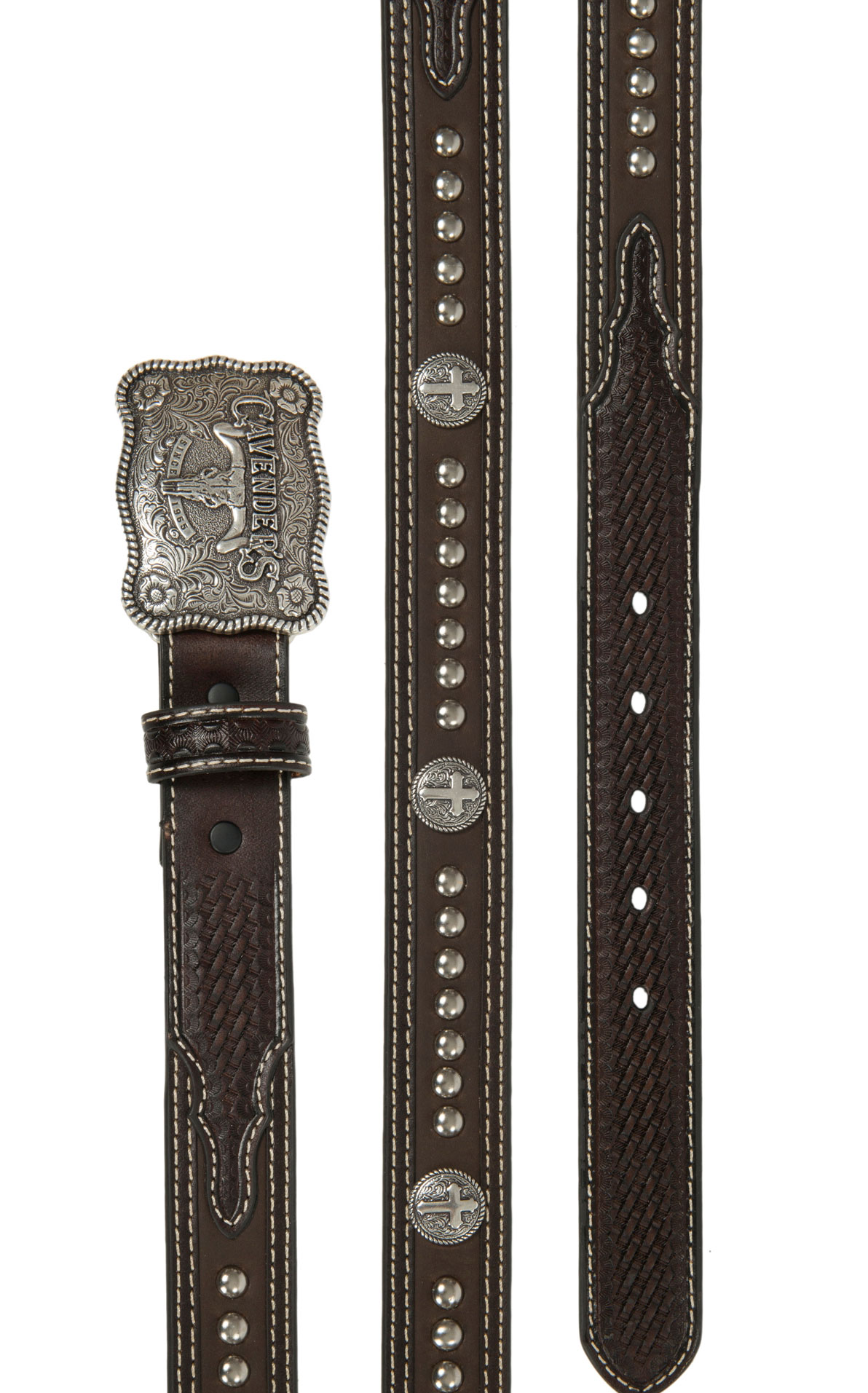 Cavender's Chocolate Basket Weave with Cross Conchos Western Belt - Image 1