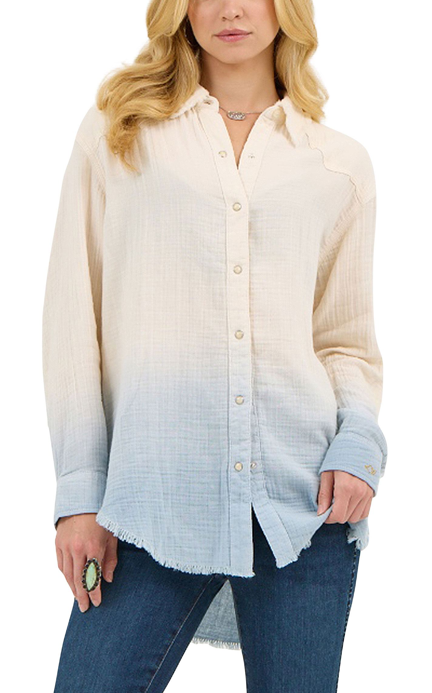 Wrangler X Lainey Wilson Women's White & Blue Dip Dye Call A Cowboy Top - Image 1