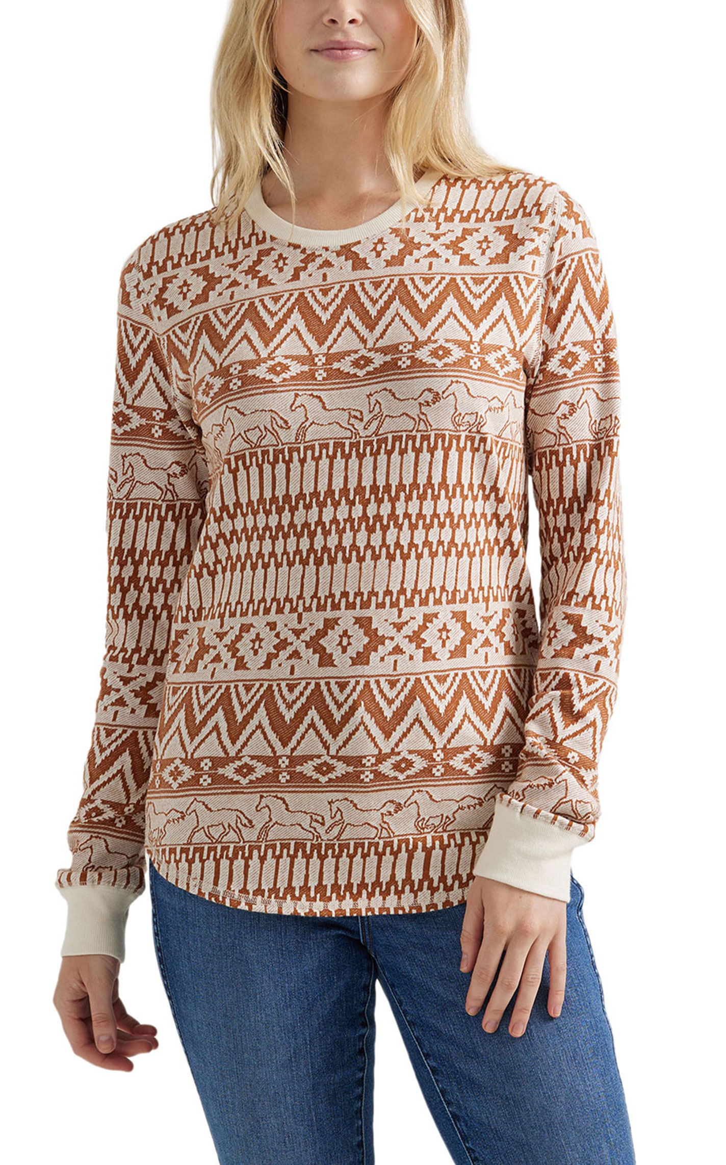 Wrangler Retro Women's Cinnamon & Cream Aztec Horse Pullover  - Image 1