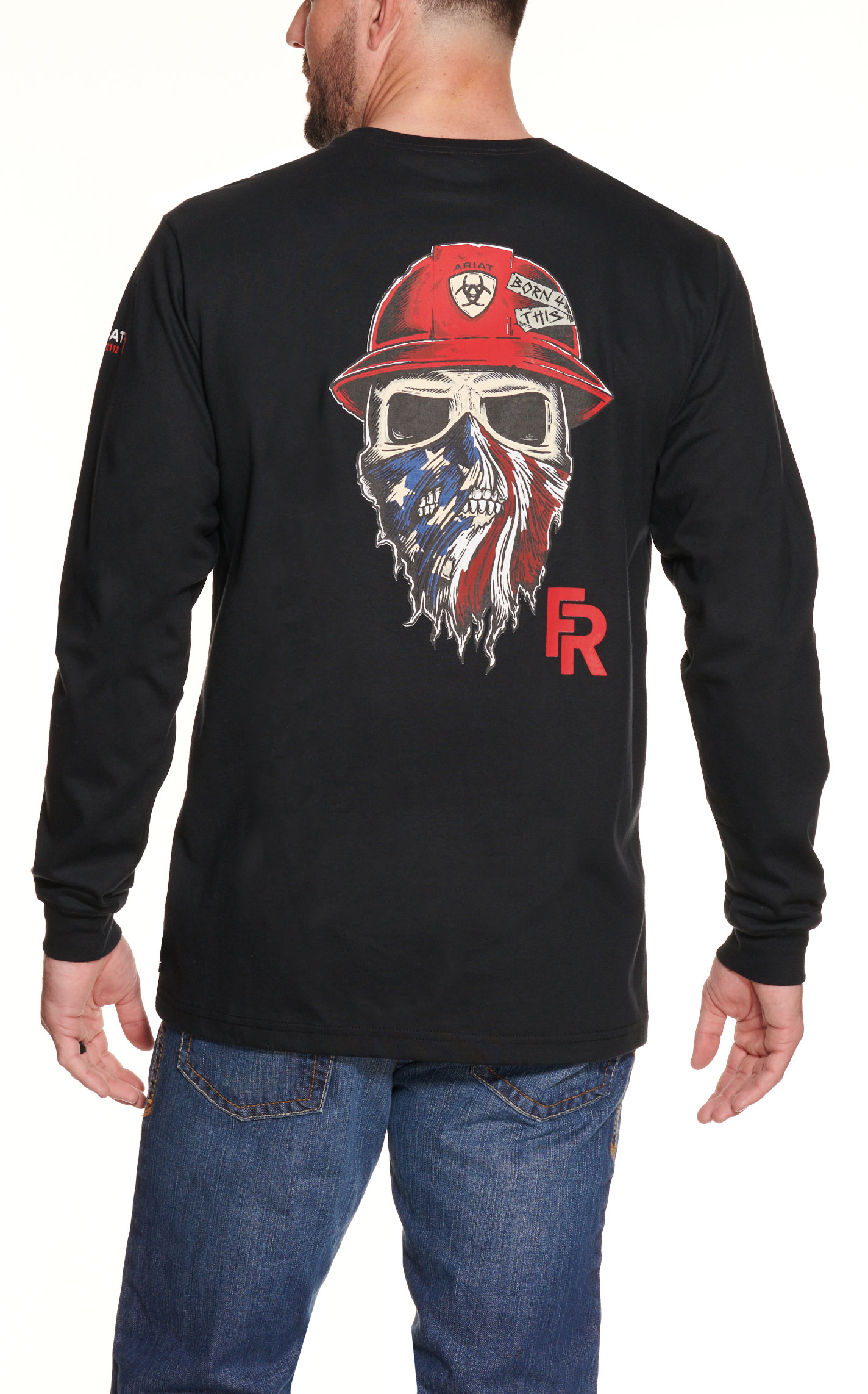 Ariat Men's Black Born For This Flag Skull Graphic Long Sleeve FR Work T-Shirt - Image 1
