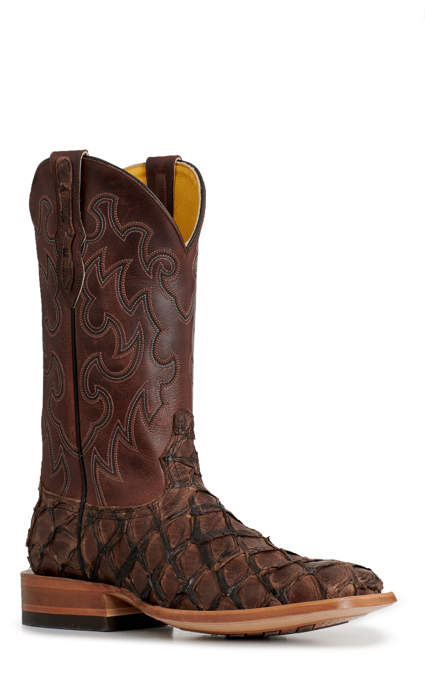 Cavender's Men's Chocolate Pirarucu & Cowhide Wide Square Toe Exotic Cowboy Boots - Image 1