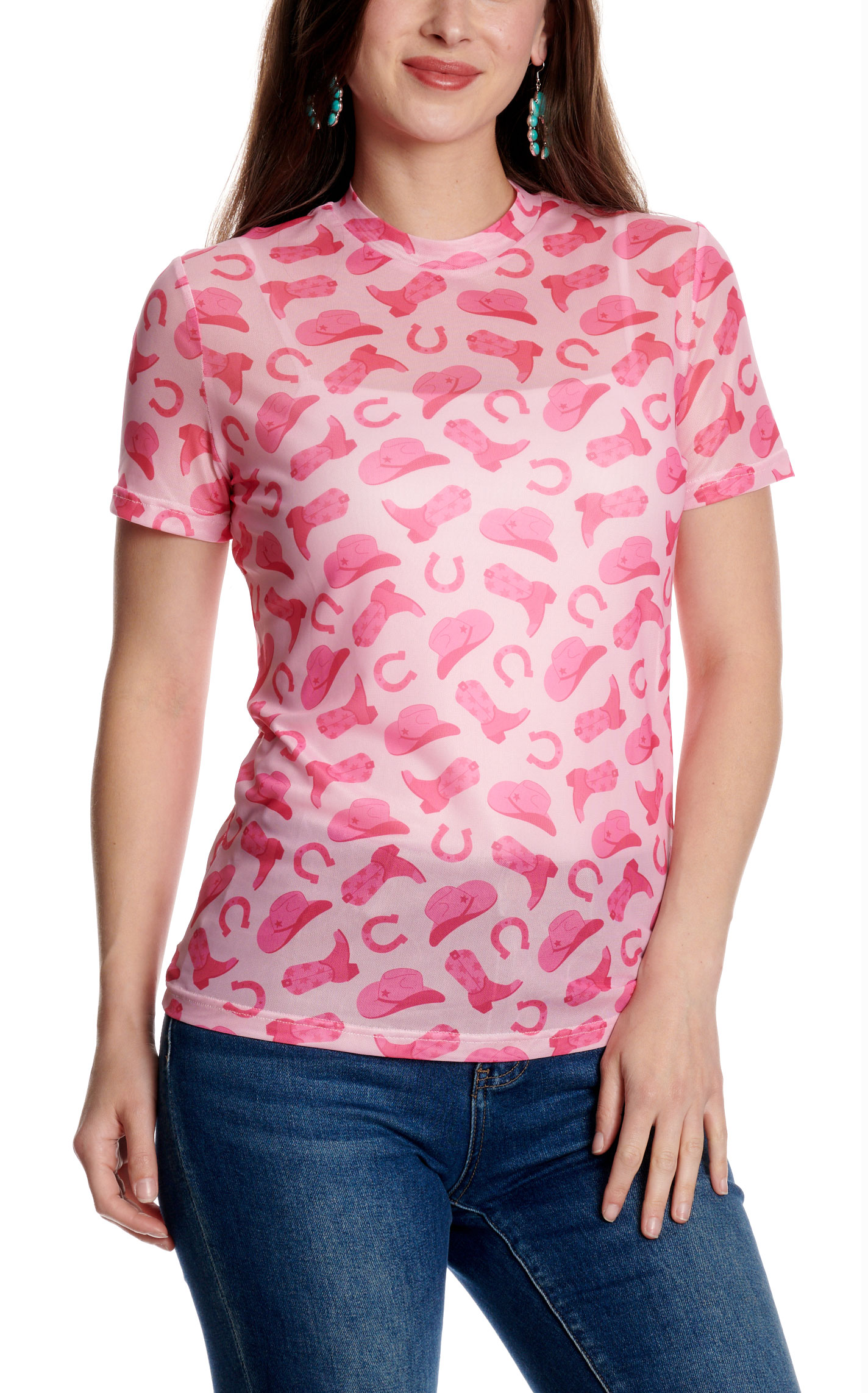 Merigold Kiss Women's Pink Western Hat & Boot Print Mesh Top - Image 1
