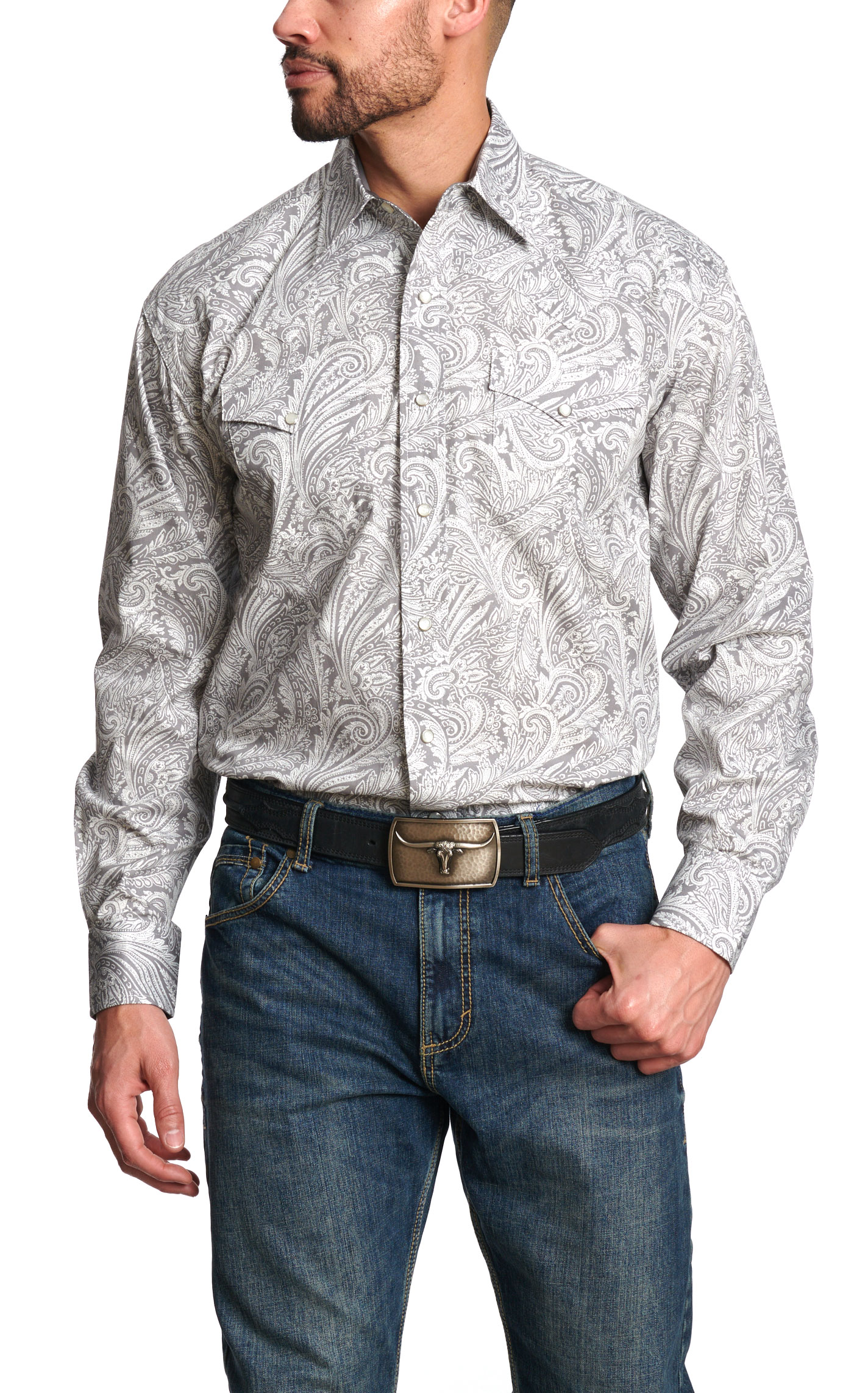 Stetson Men's Gray Paisley Western Shirt - Image 1