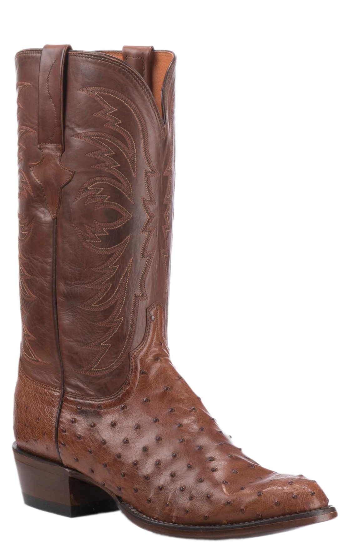Lucchese Men's Barnwood Tan and Brown Full Quill Ostrich R-Toe Exotic Cowboy Boots - Image 1