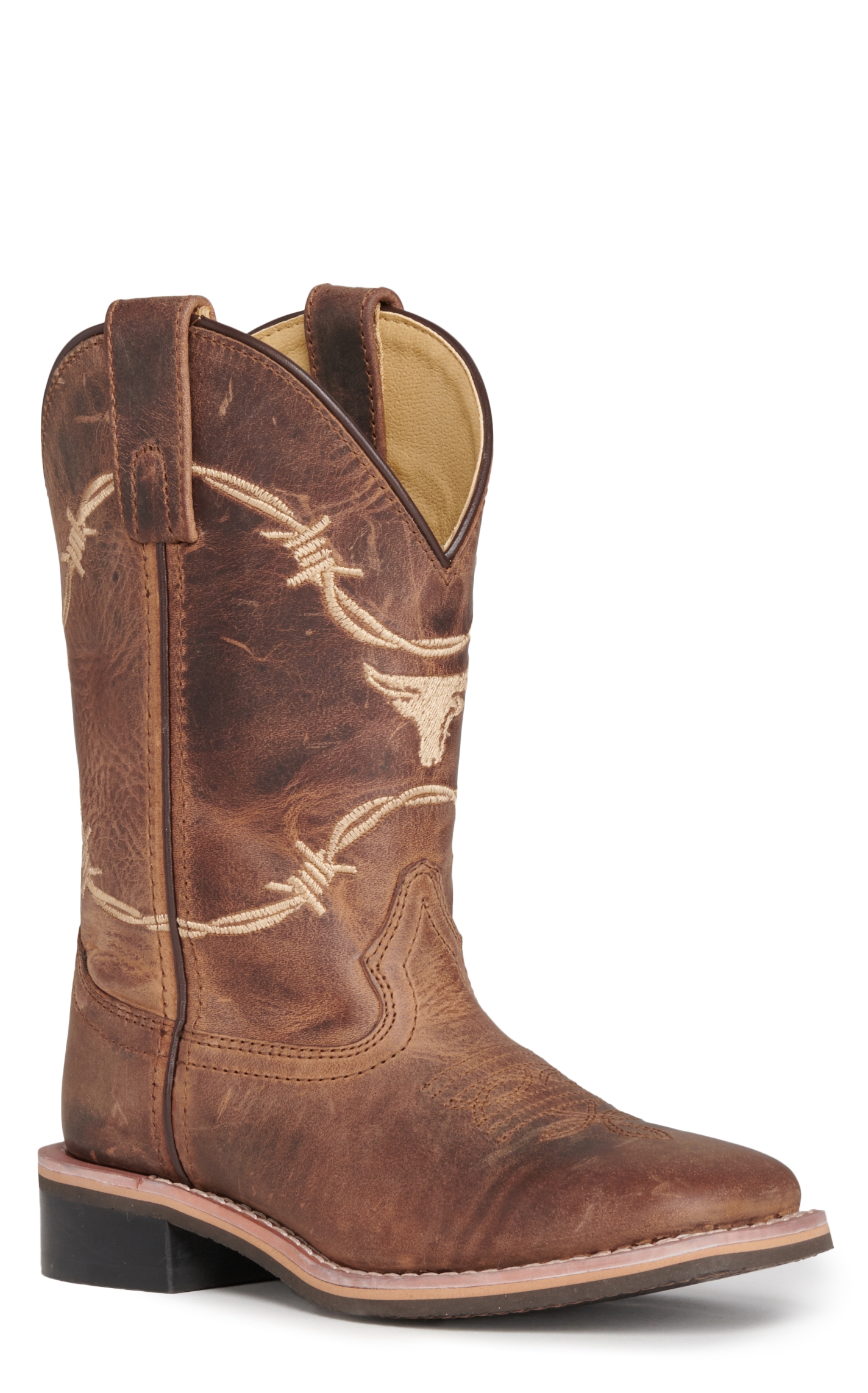 Smoky Mountain Kids Distressed Brown with Barbwire Embroidery Wide Square Toe Cowboy Boots - Image 1