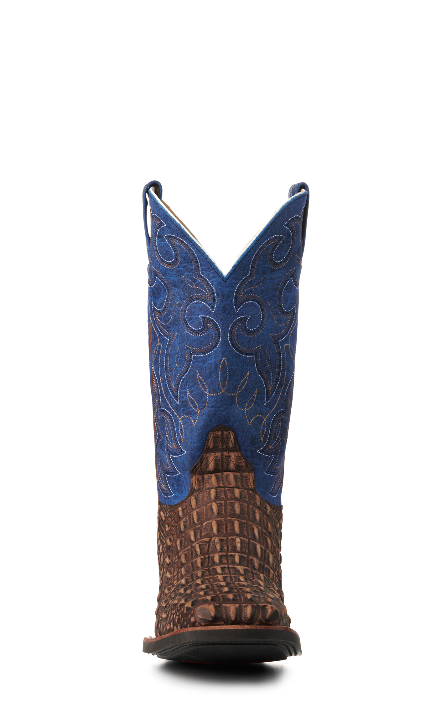 Cavender's Men's Intrepid Rustic Chocolate Caiman Print and Blue Wide Square Toe Cowboy Boots - Image 1