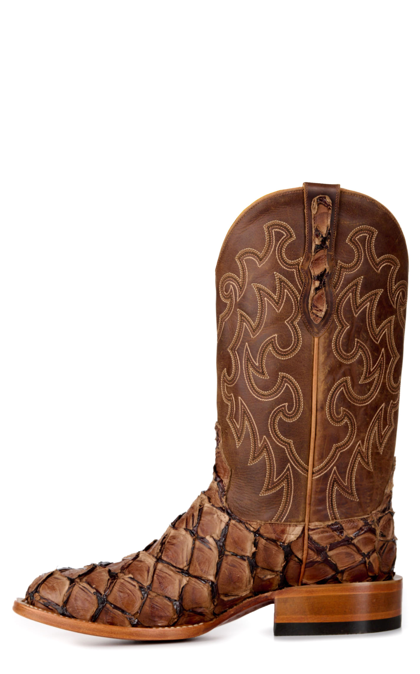 Cavender's Men's Mahogany Pirarucu & Brown Wide Square Toe Cowboy Boots - Image 1