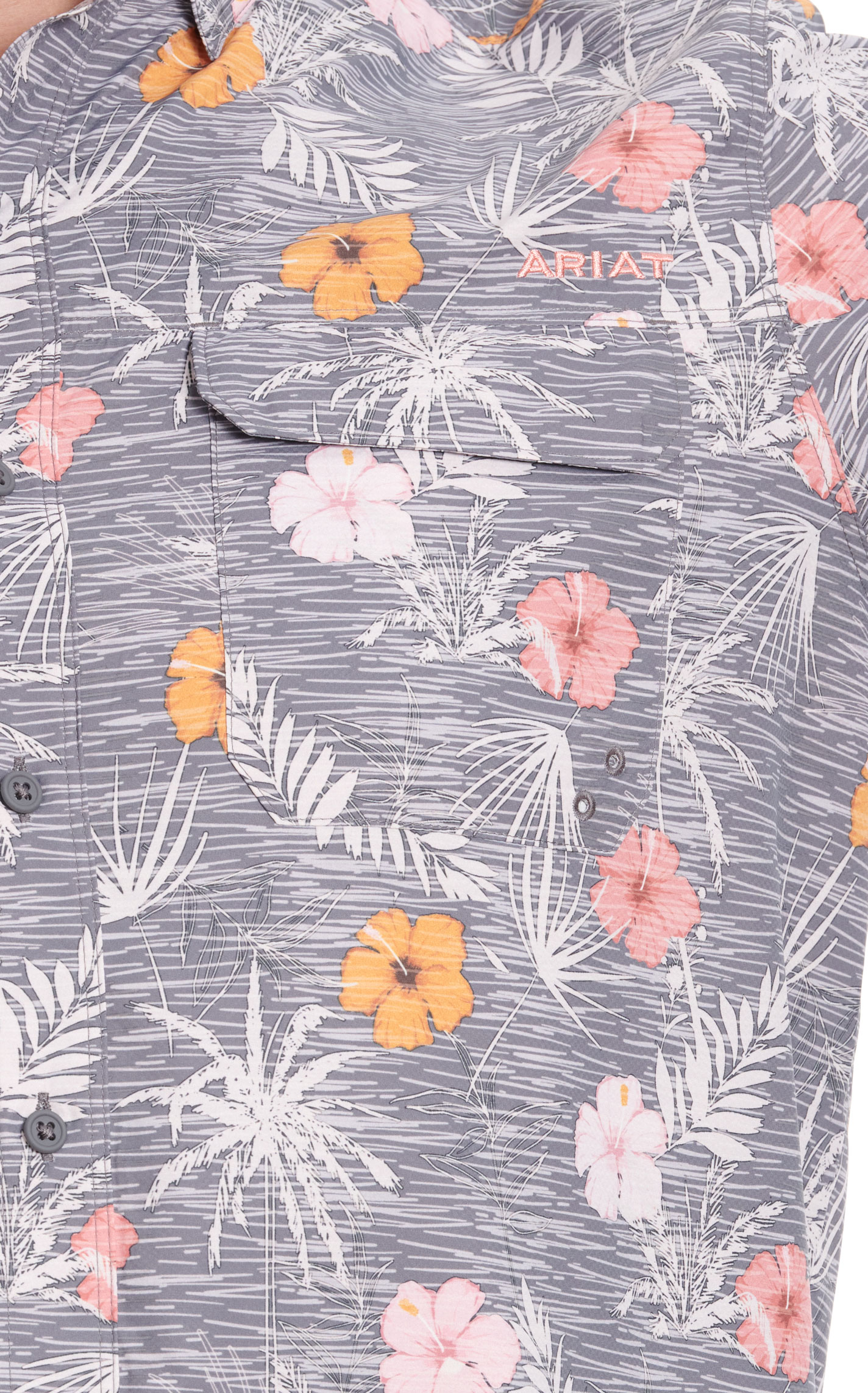 Ariat Men's VentTEK Outbound Gray & Hibiscus Tropical Print Short Sleeve Shirt - Image 1