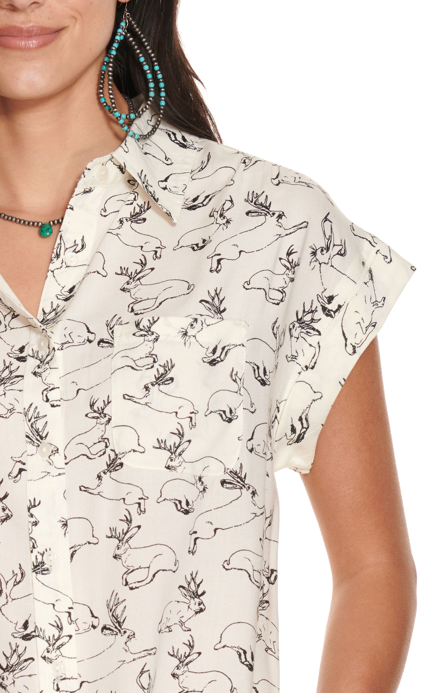 Cotton & Rye Women's White with Jackalope Print Short Sleeve Top - Image 1