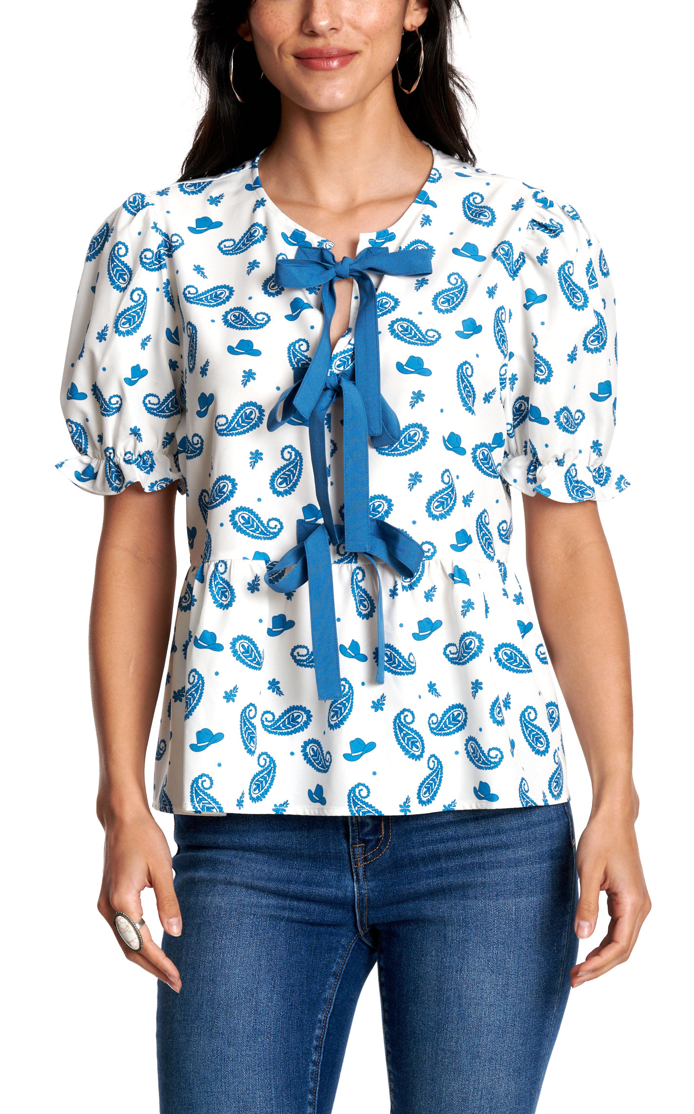 Rockin' C Women's White & Blue Paisley Cowboy Hat Print Top - Image 2