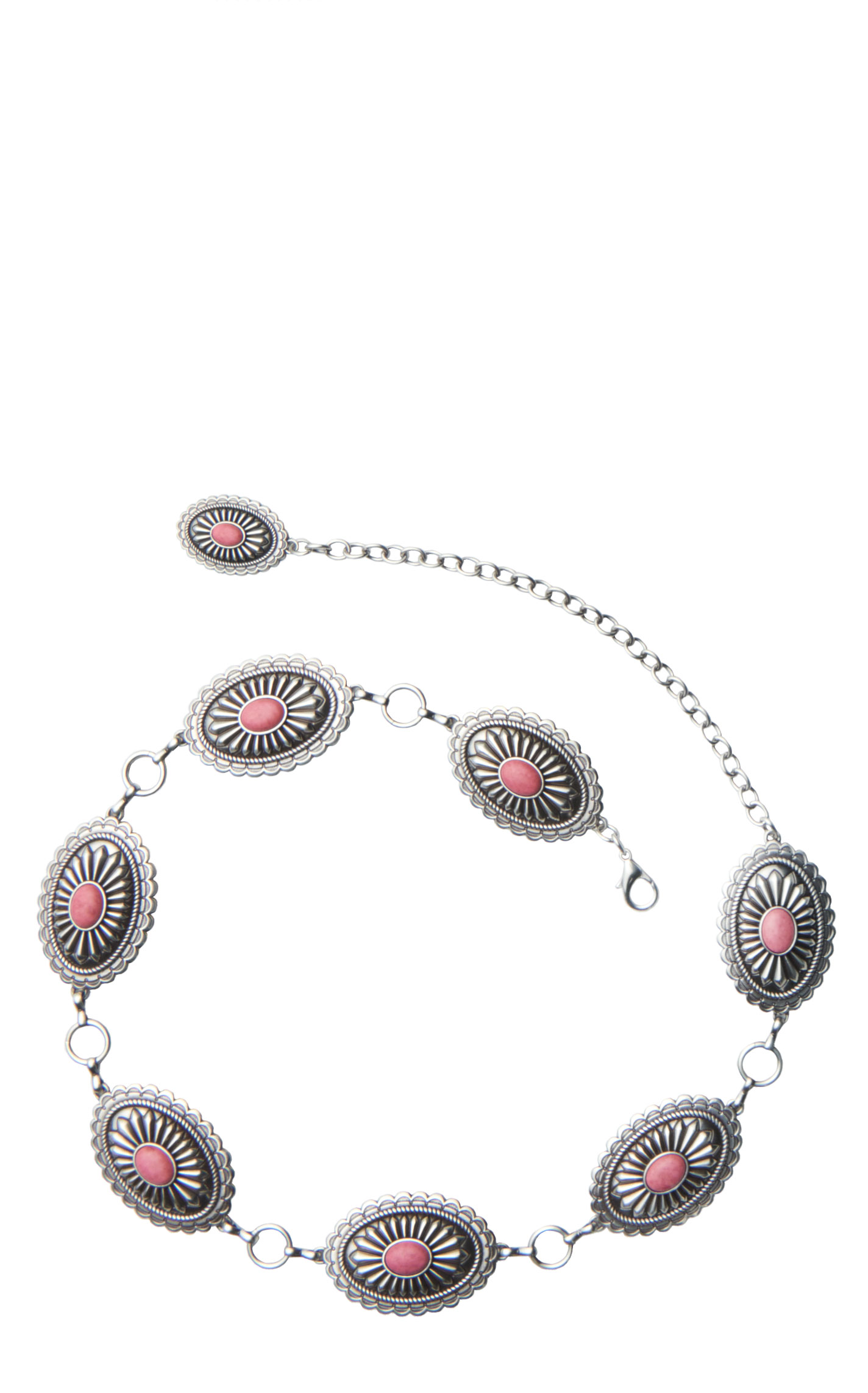 Ariat Women's Etched Silver Oval Rosy Pink Stone Centered Concho Link Chain Belt - Image 1