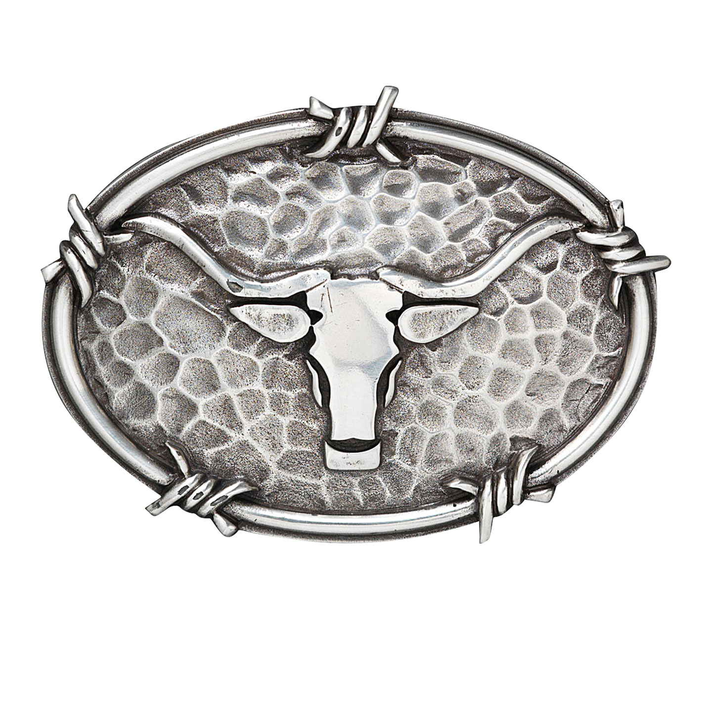 Ariat Hammered Silver Longhorn Head & Barbed Wire Oval Belt Buckle - Image 1