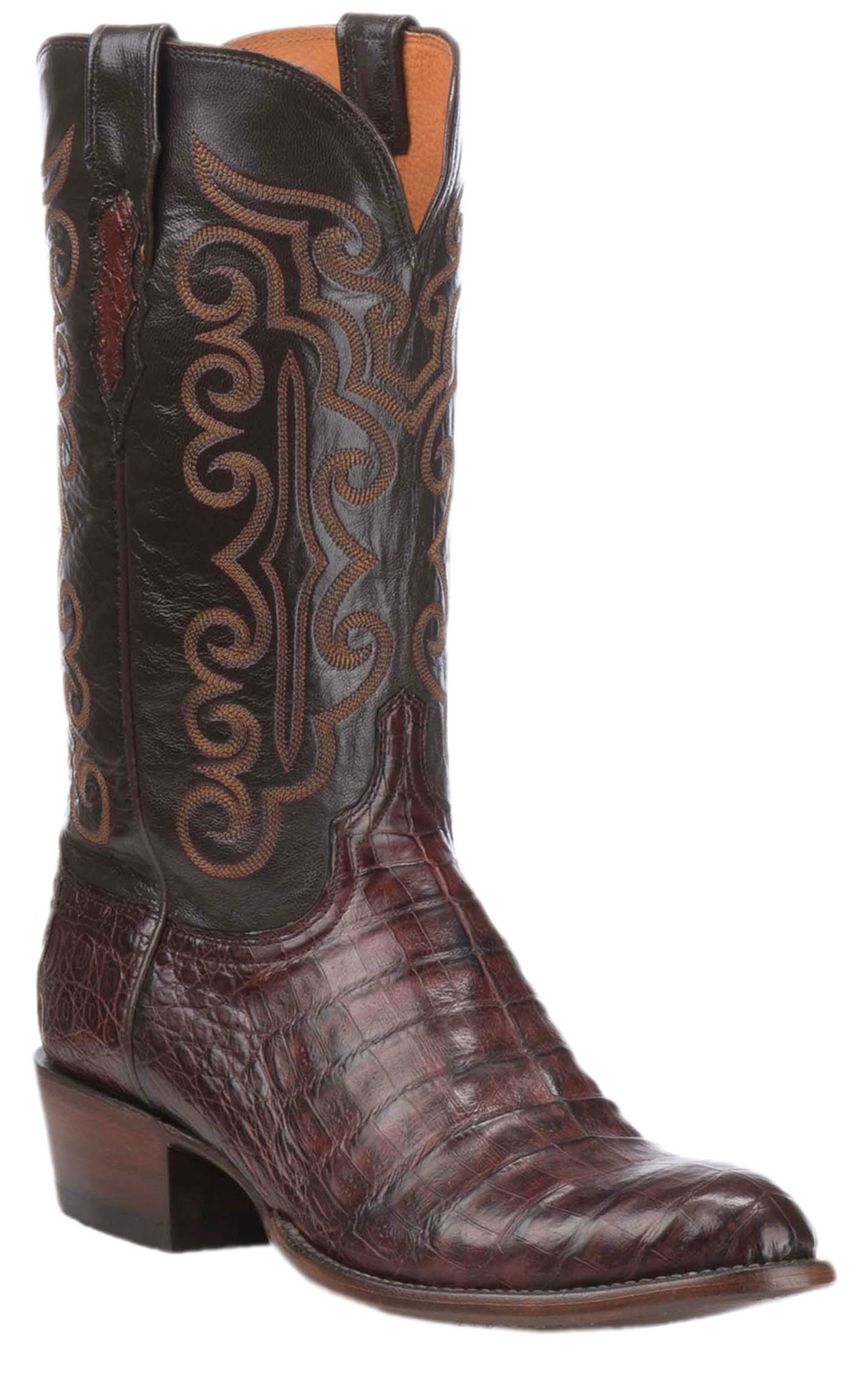 Lucchese Men's Barrel Brown Caiman Belly R-Toe Exotic Cowboy Boots - Image 1