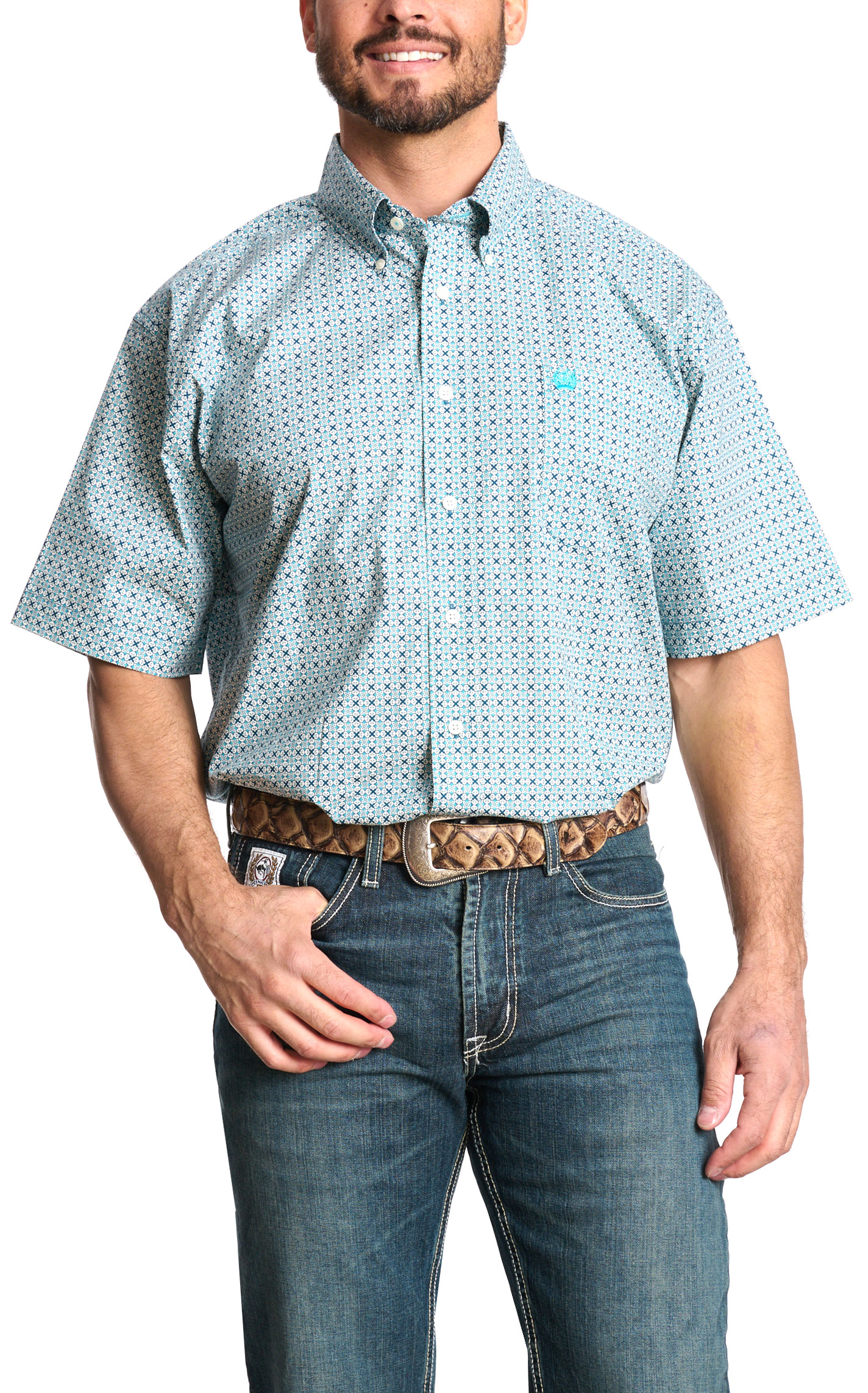 Cinch Men's Turquoise & Navy Geo Print Western Shirt - Image 1