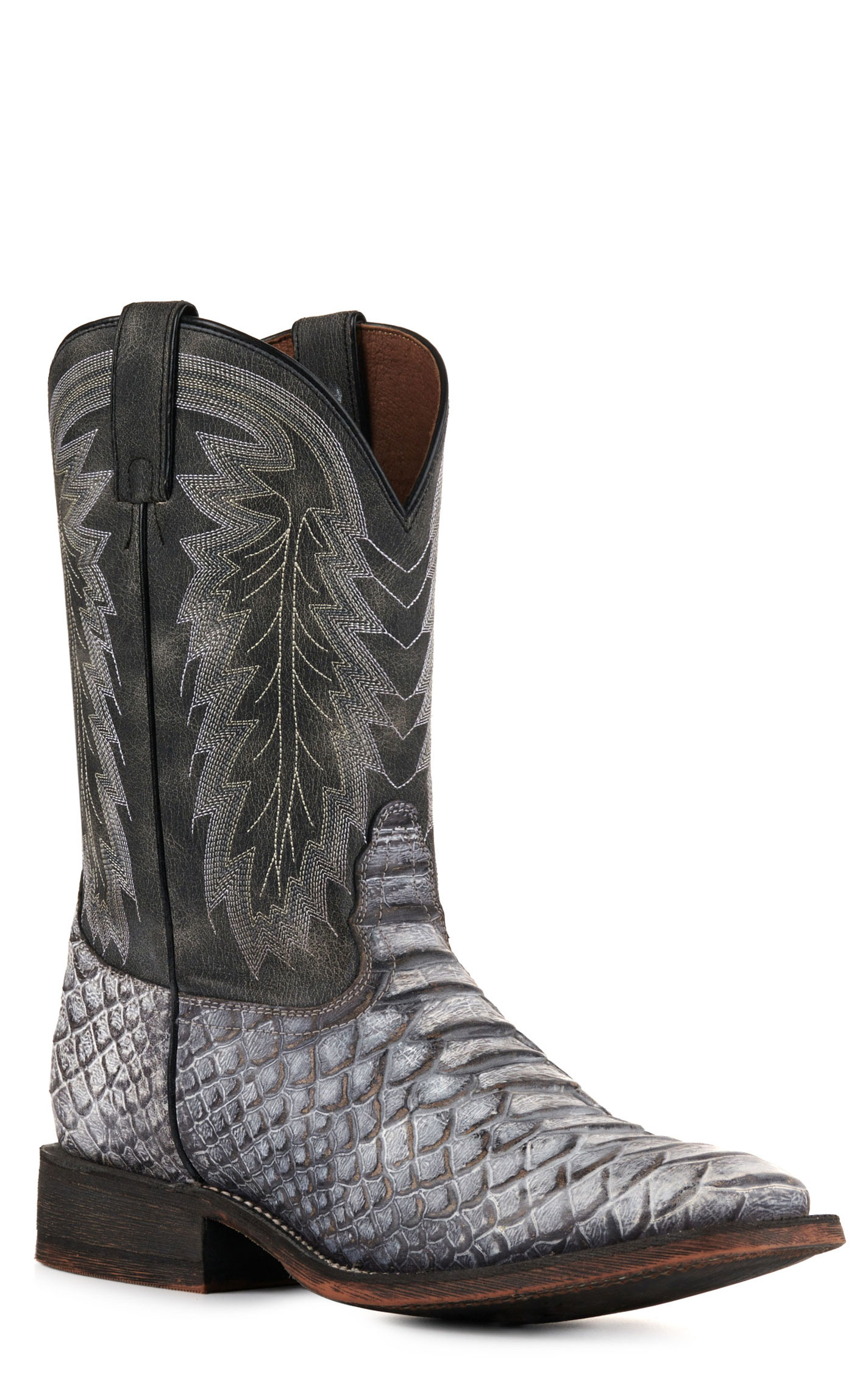 Nocona Men's Distressed Gray and Rugged White Snake Print Wide Square Toe Cowboy Boots - Image 1