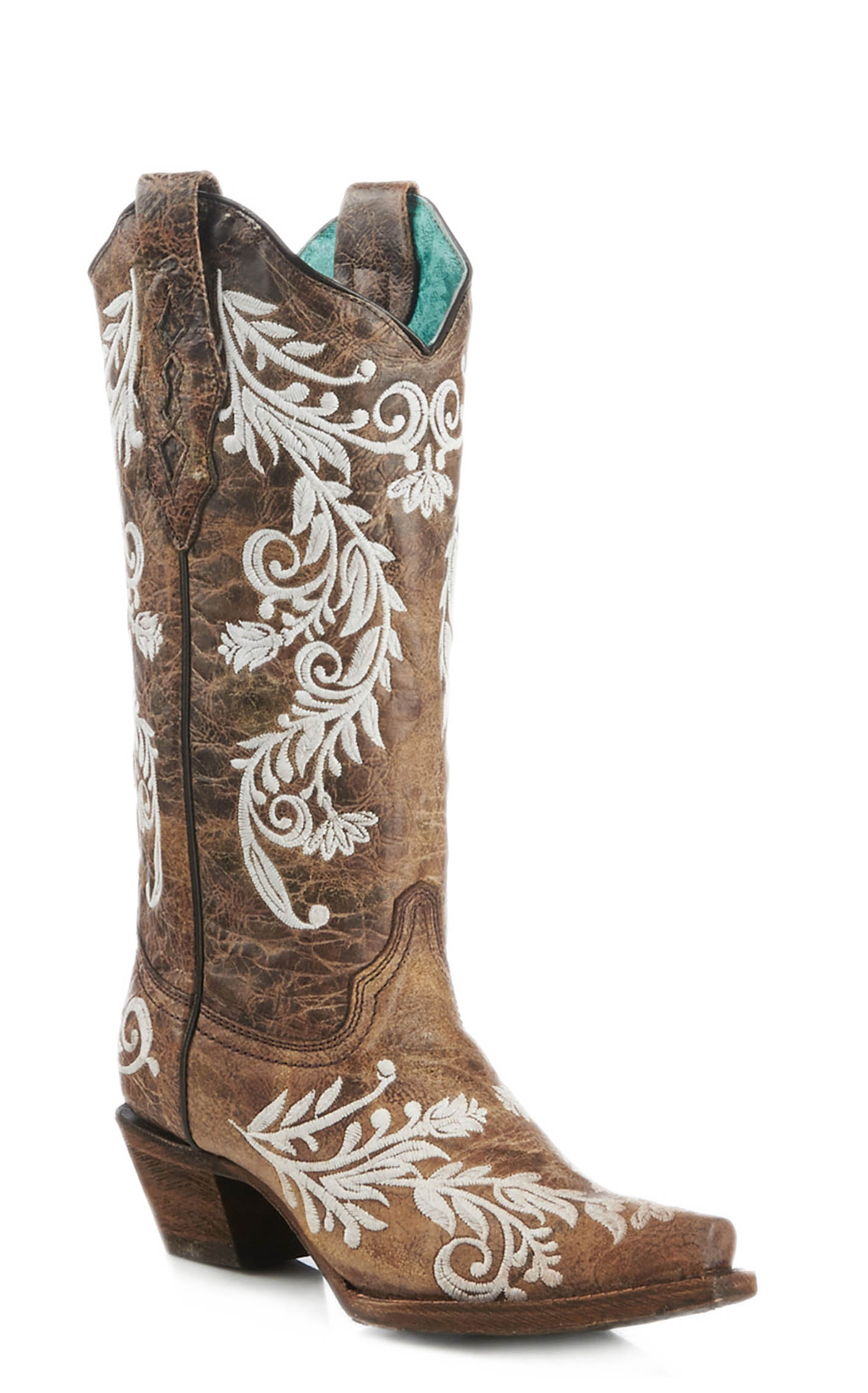 Corral Women's Brown and White Glow in the Dark Embroidery Snip Toe Cowboy Boots - Image 1