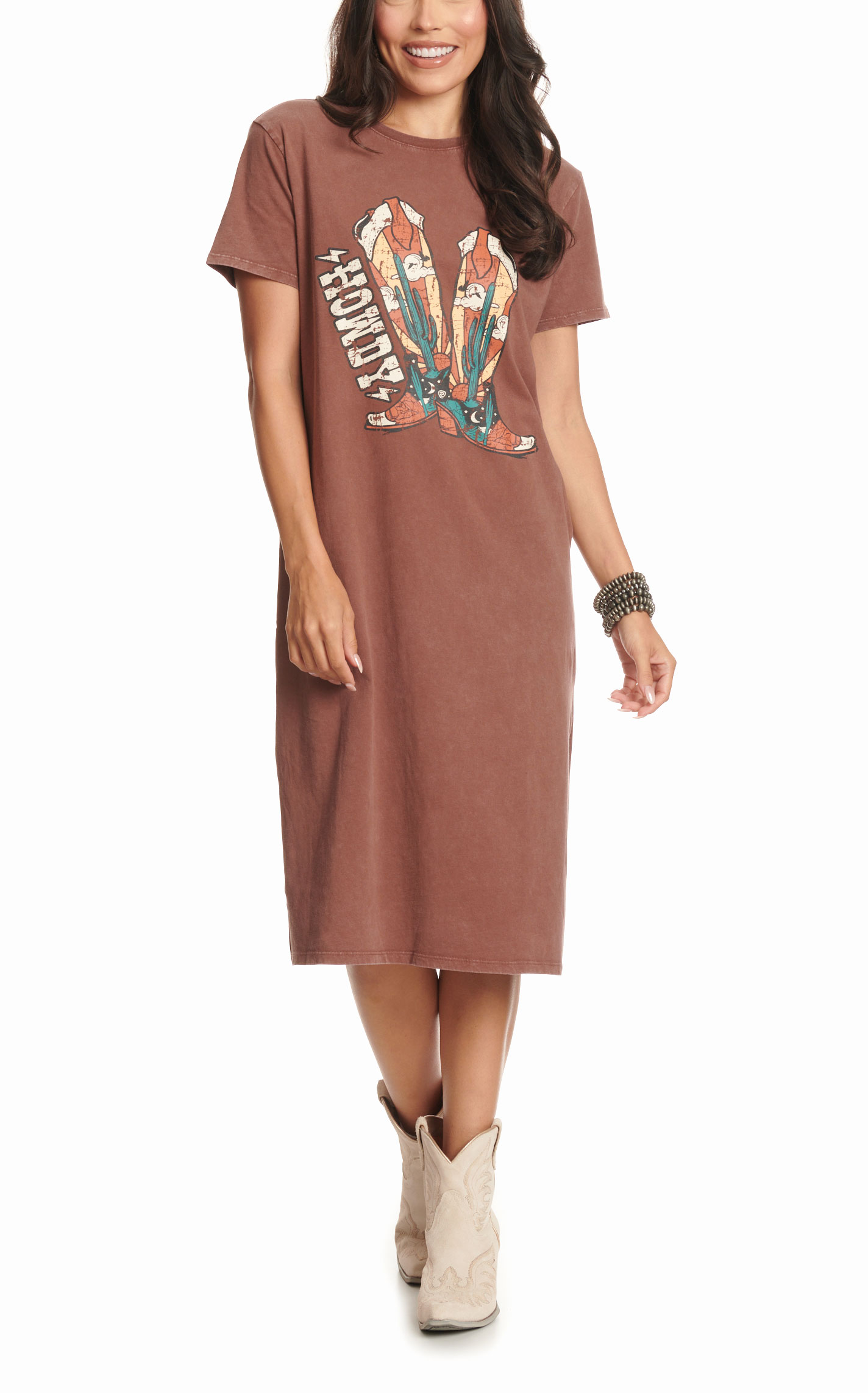 Rock & Roll Denim Women's Chocolate Howdy Boot Graphic T-Shirt Dress - Image 1