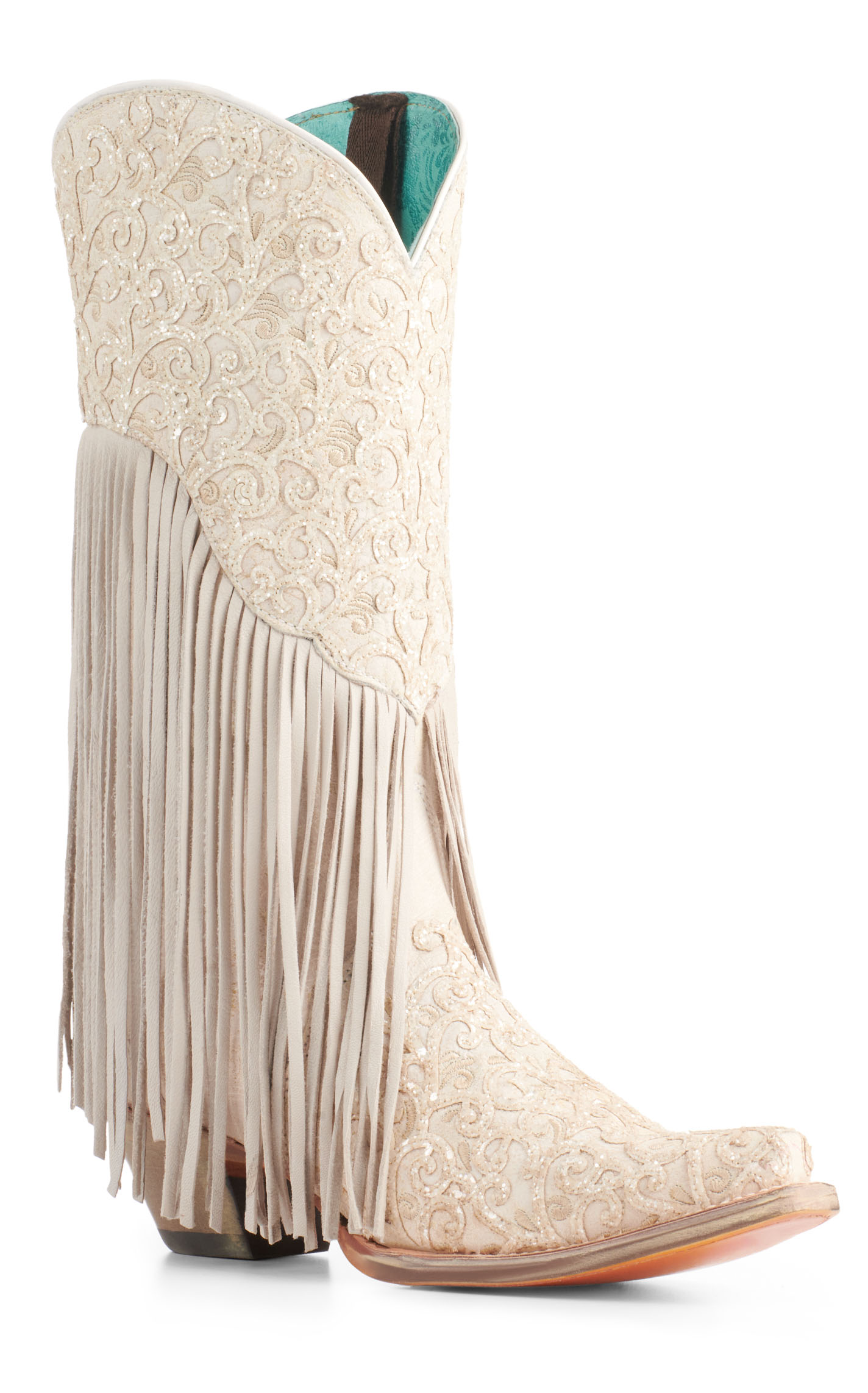 Corral Women's White with Glitter Overlay and Fringe Snip Toe Cowboy Boots - Image 1